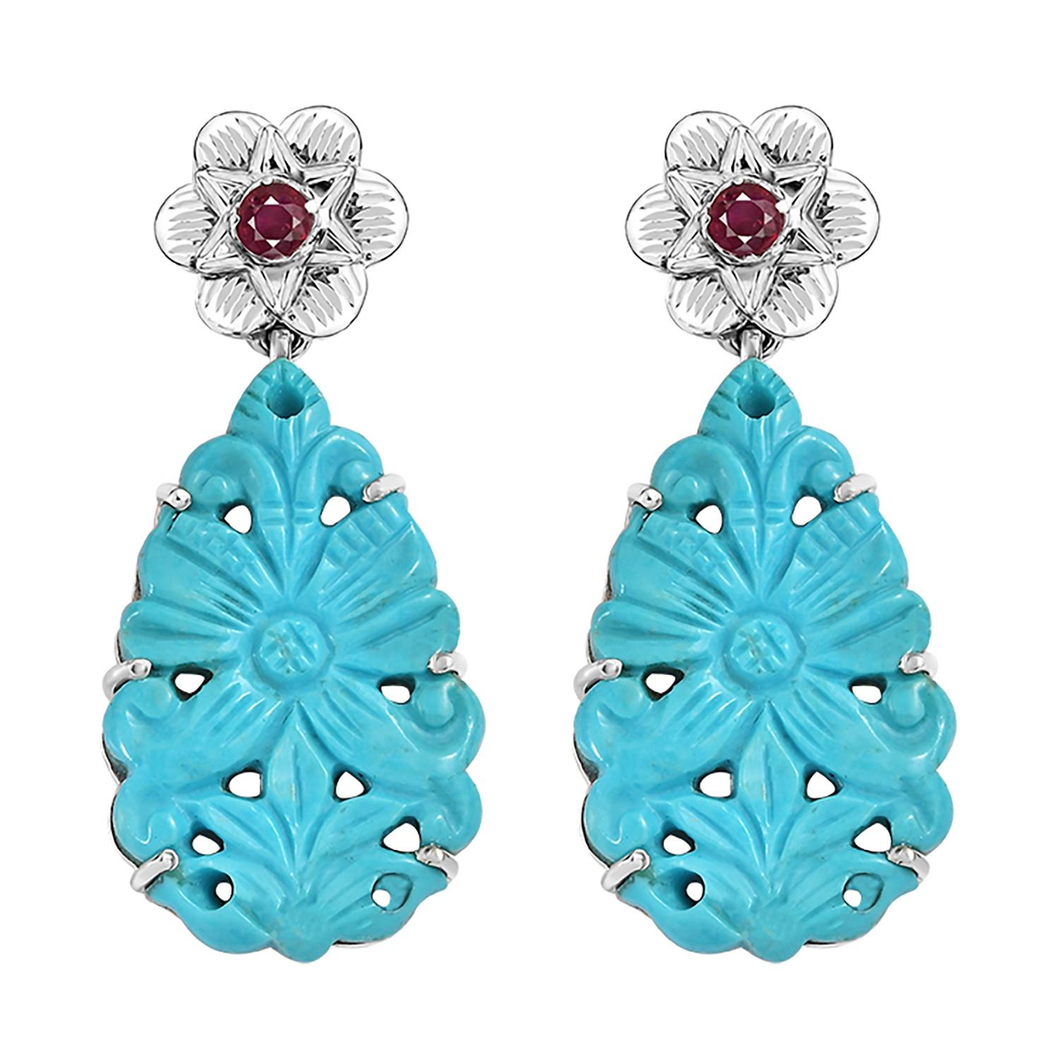 Cabochon Hand-Carved Silver Turquoise Ruby Statement Earrings For Sale