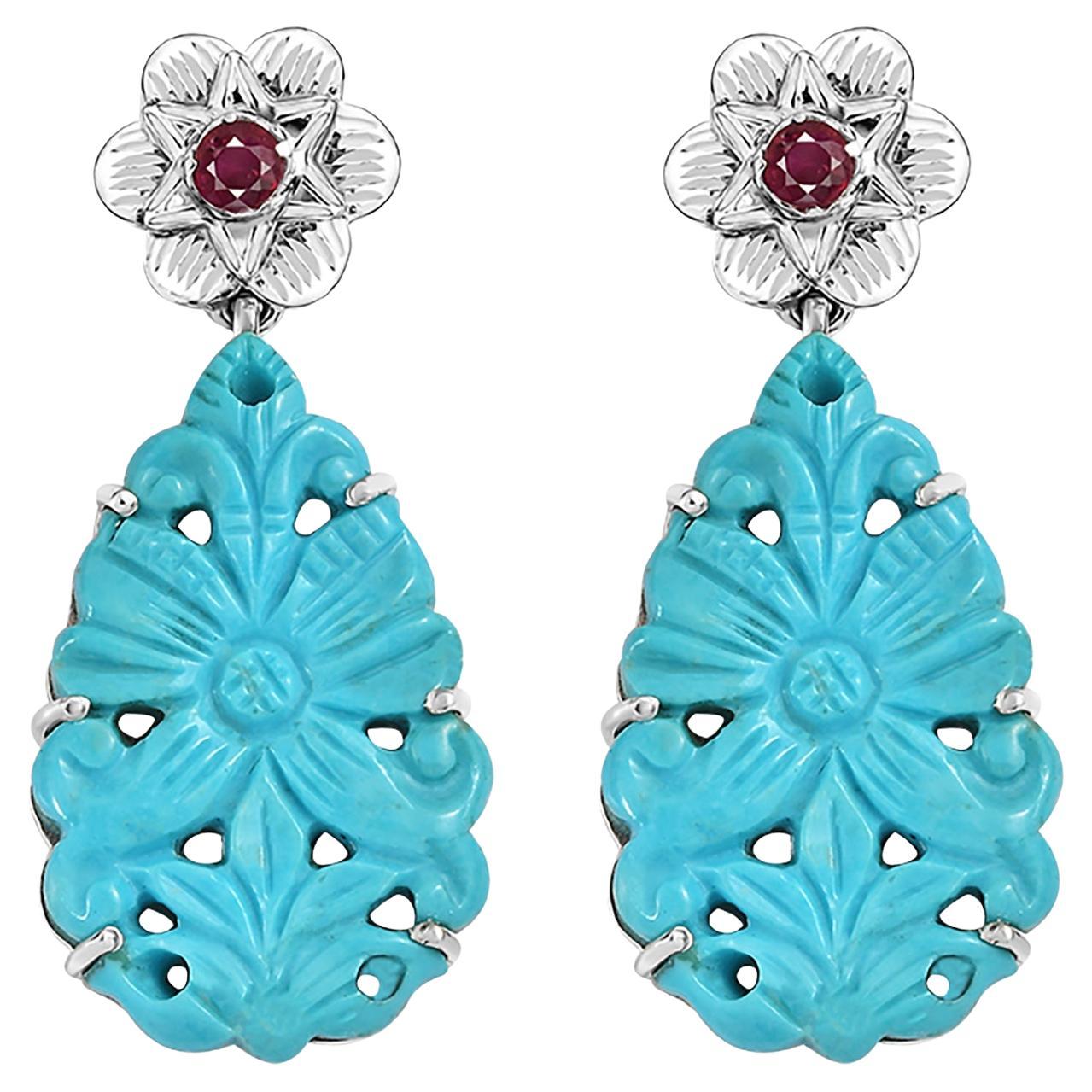 Hand-Carved Silver Turquoise Ruby Statement Earrings For Sale