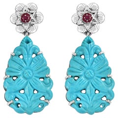 Hand-Carved Silver Turquoise Ruby Statement Earrings