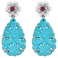 Hand-Carved Silver Turquoise Ruby Statement Earrings