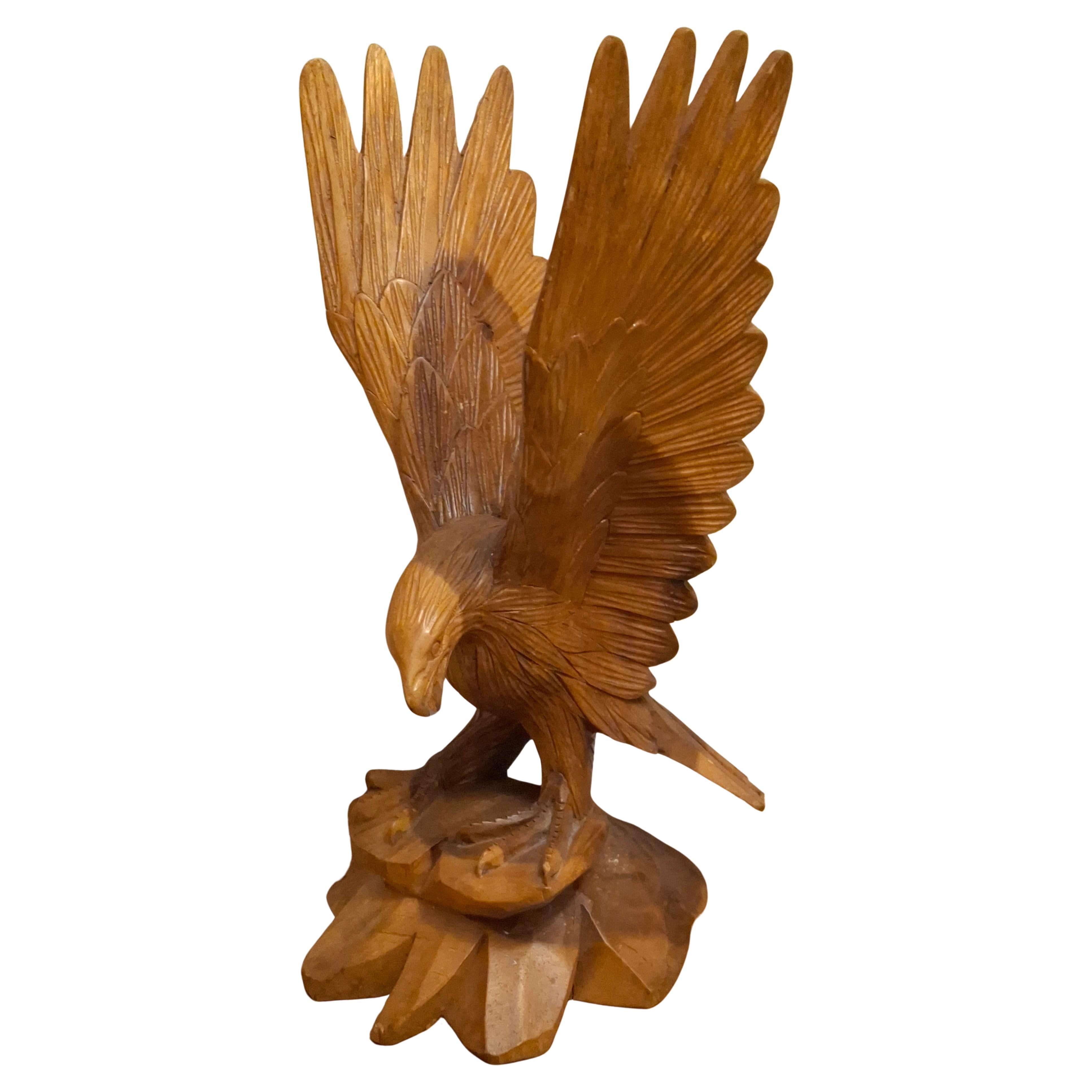 Hand-Carved Single-Piece Figure of an Eagle On Wood Plinth, Circa 1950s