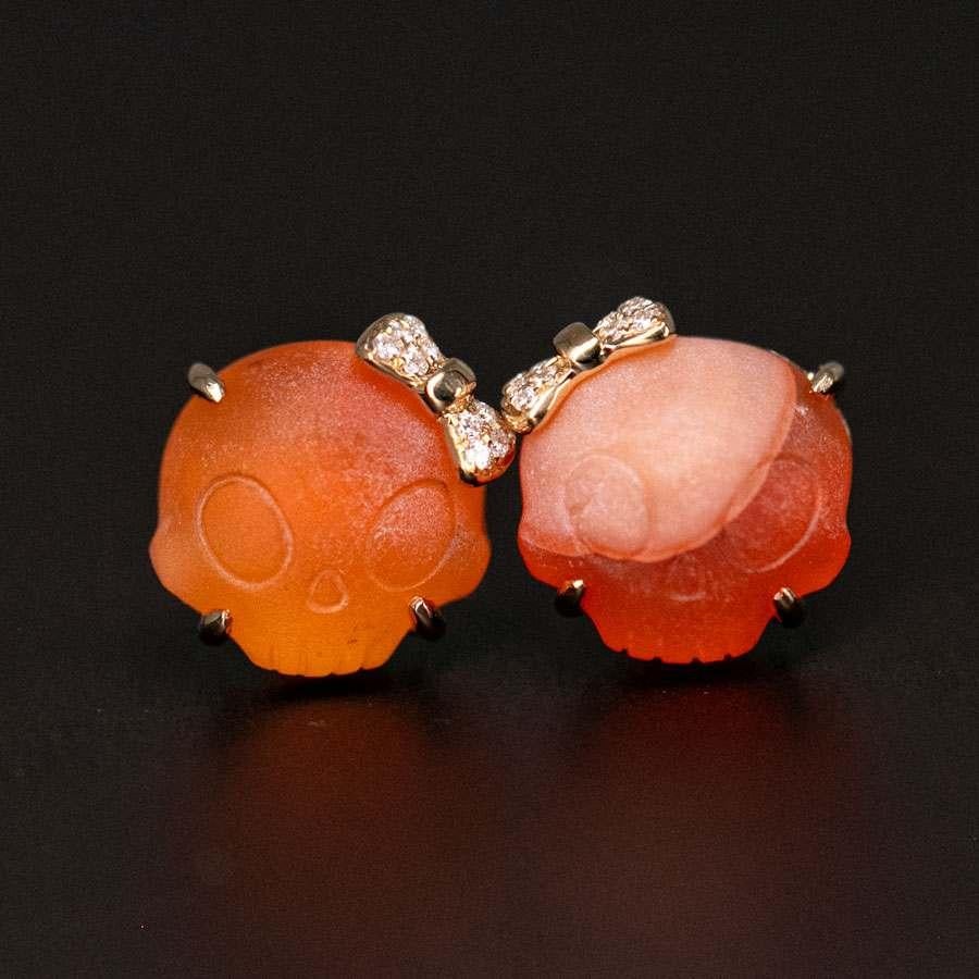 Brilliant Cut Hand Carved Skull with Diamond Bows Fire Opal Stud Earrings 18k Gold For Sale