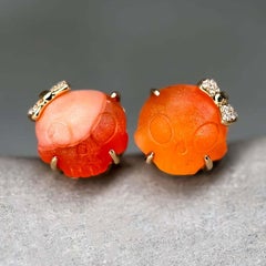 Hand Carved Skull with Diamond Bows Fire Opal Stud Earrings 18k Yellow Gold
