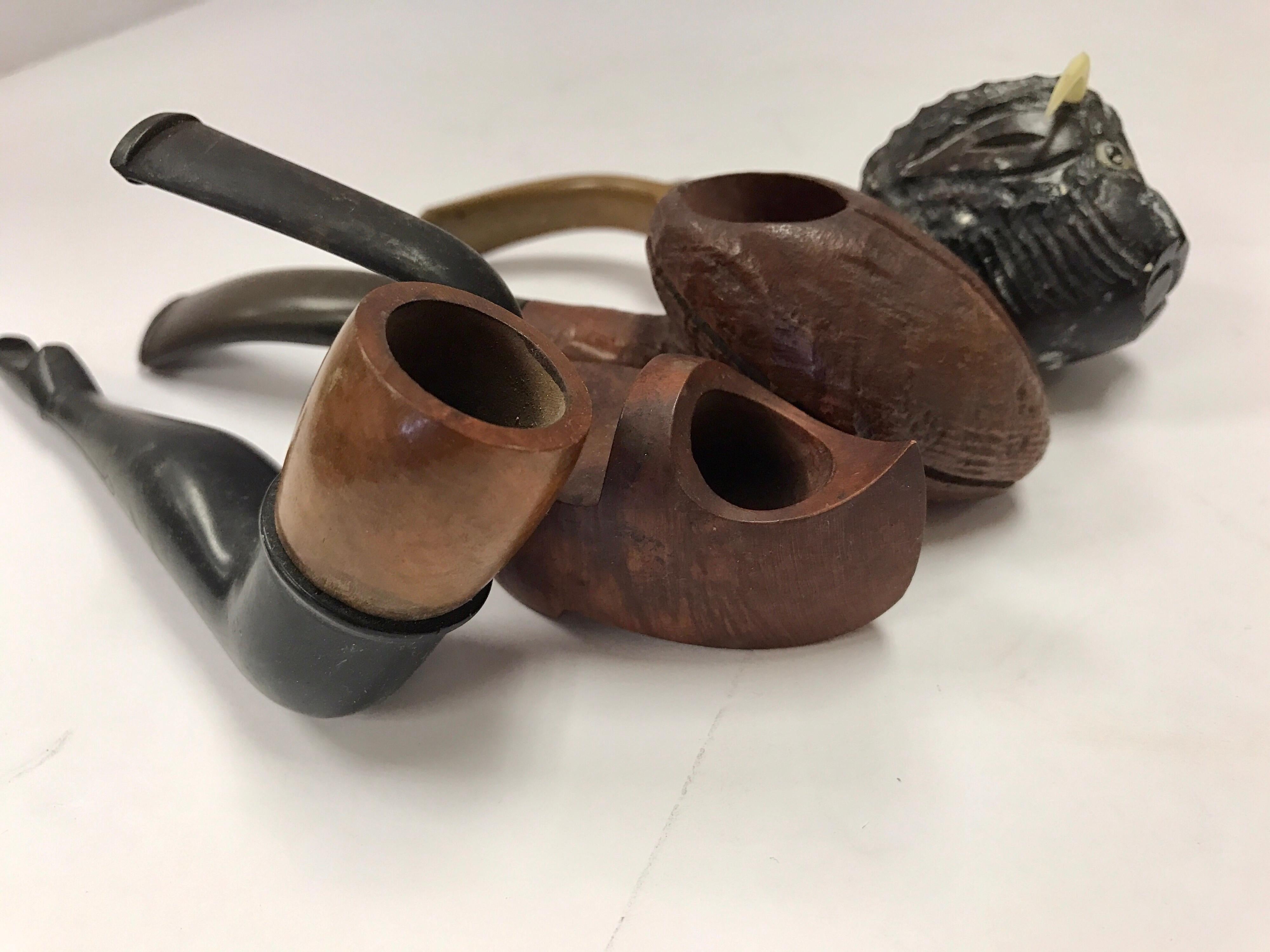 Mid-20th Century Hand-Carved Smoking Tobacco Pipes With Pipe Holder