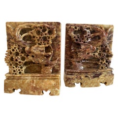 Hand-Carved Soapstone Bookends, Dragon Motif, China, Circa 1950