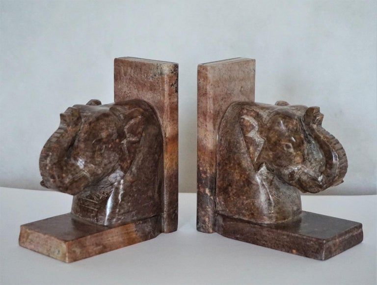 Hand Carved Soapstone Elephant Bookends at 1stDibs