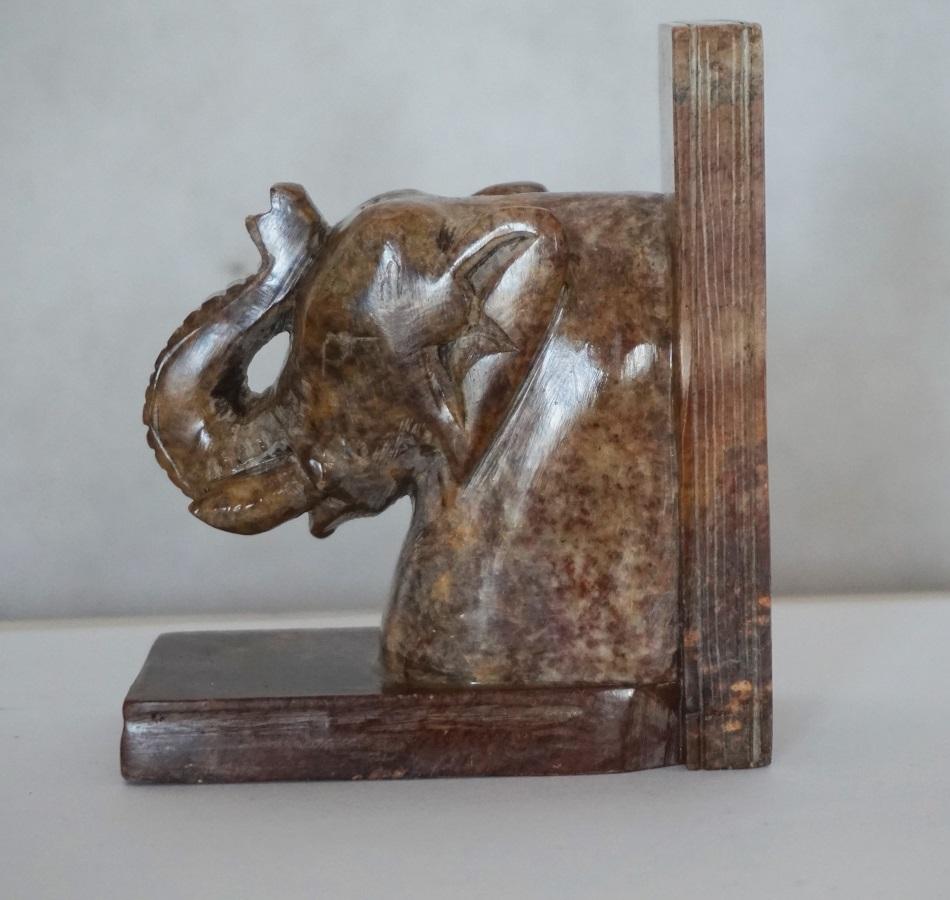 20th Century Hand Carved Soapstone Elephant Bookends