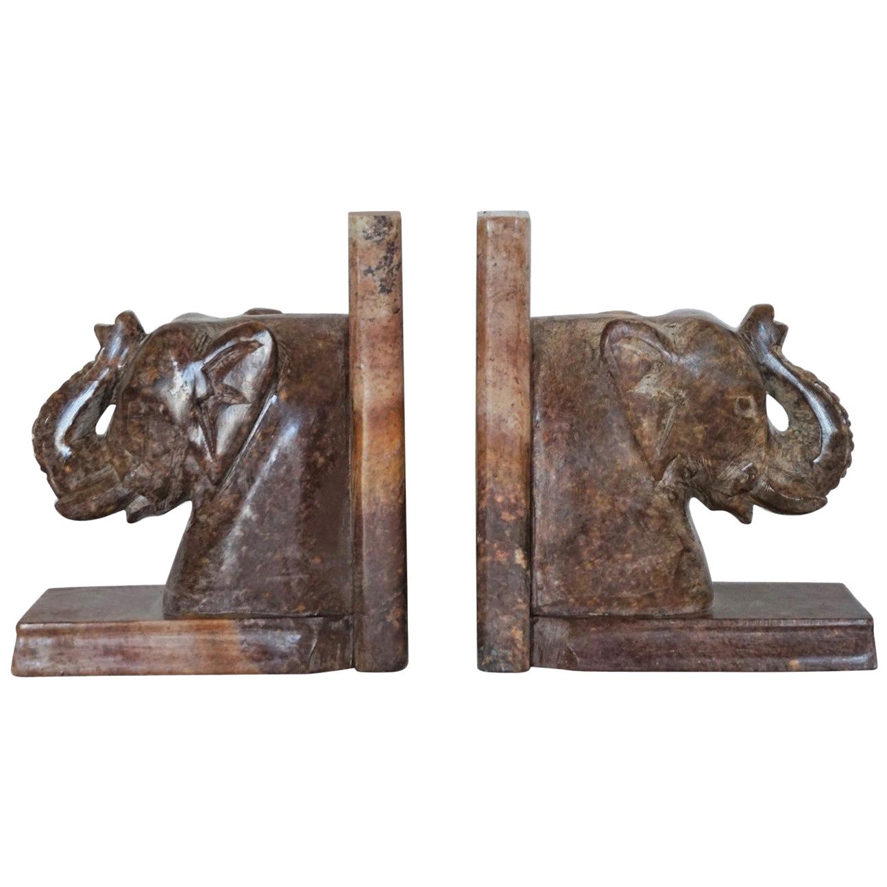 Hand Carved Soapstone Elephant Bookends