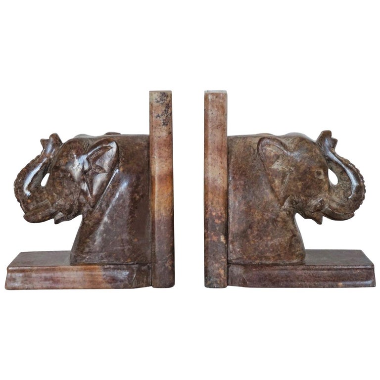 Hand Carved Soapstone Elephant Bookends at 1stDibs
