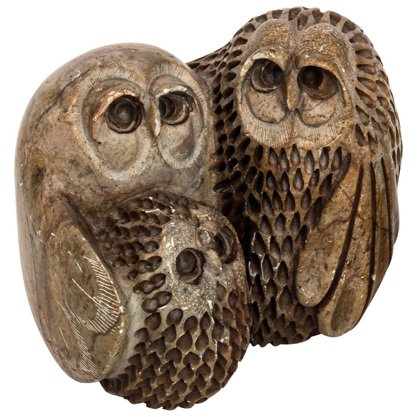 Hand Carved Soapstone Owl Family by Glenn Heath, Dated 1979 For Sale at 1stDibs