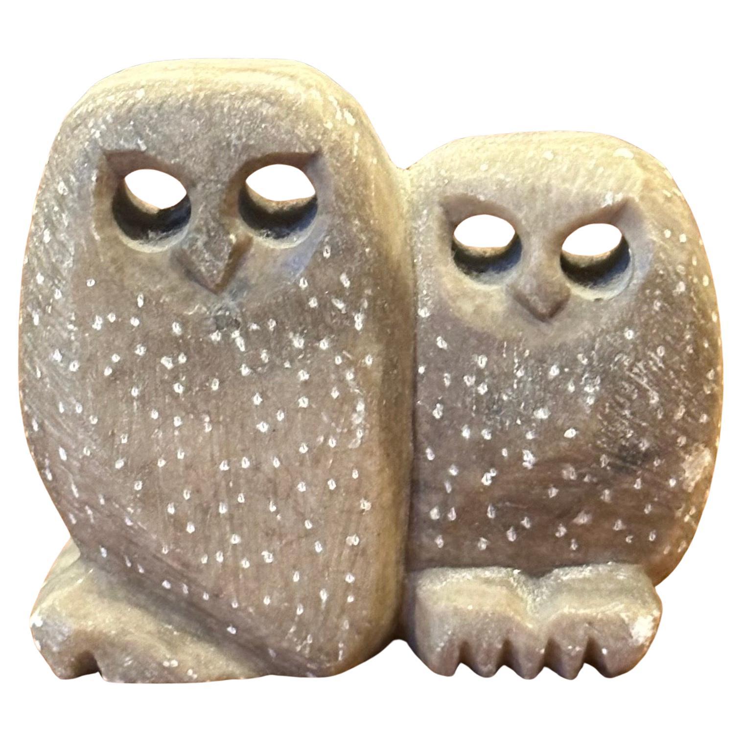 Hand Carved Soapstone Owls Sculpture / Paperweight in the Style of Glenn Heath