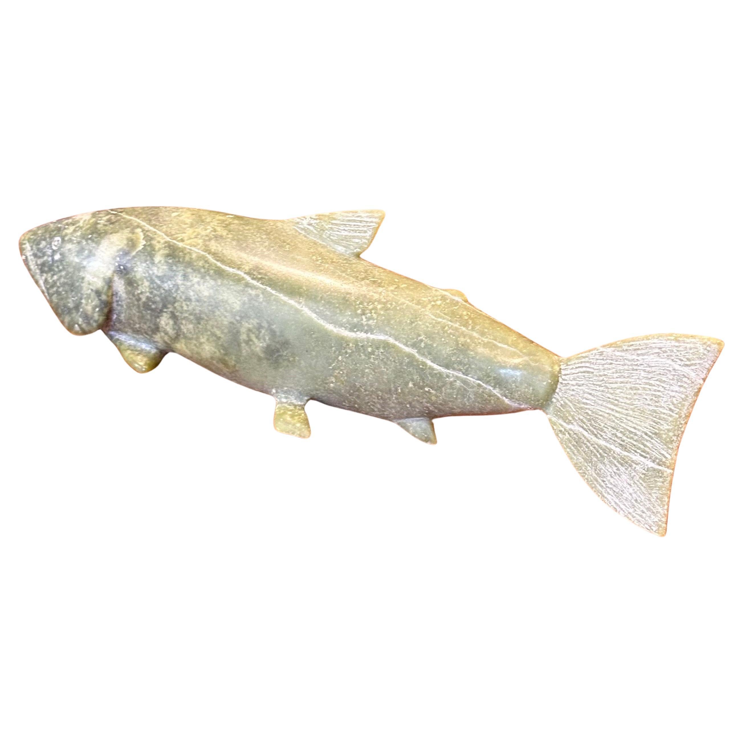 A well done hand carved soapstone salmon / fish sculpture, circa 1990s. The piece is in very good vintage condition with no chips or cracks and measures 13