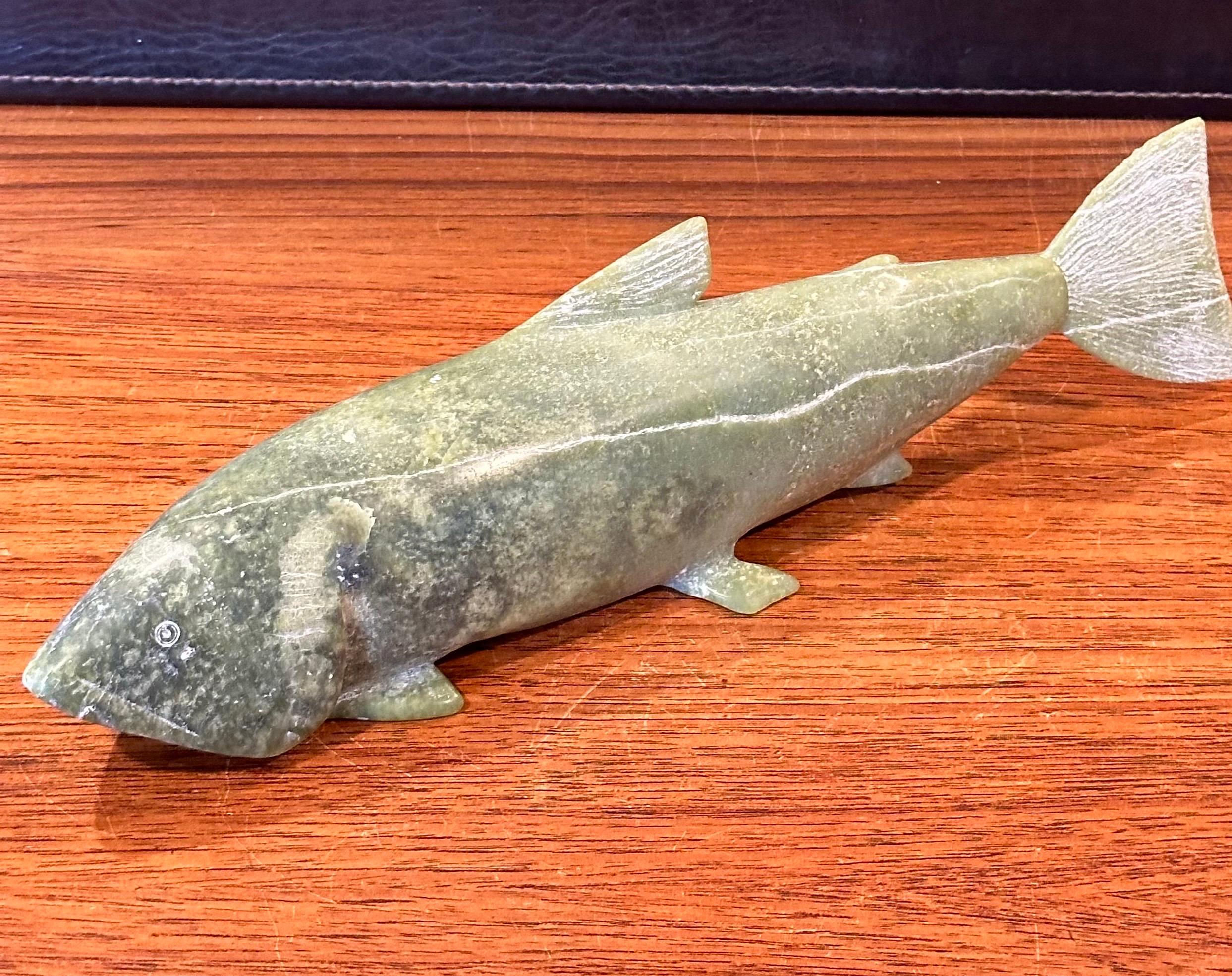 Hand Carved Soapstone Salmon Sculpture For Sale 1