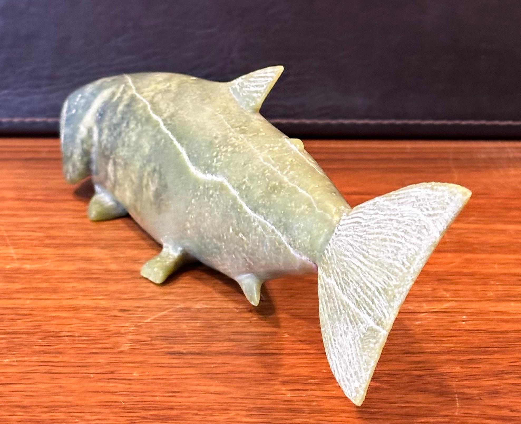 Hand Carved Soapstone Salmon Sculpture For Sale 3