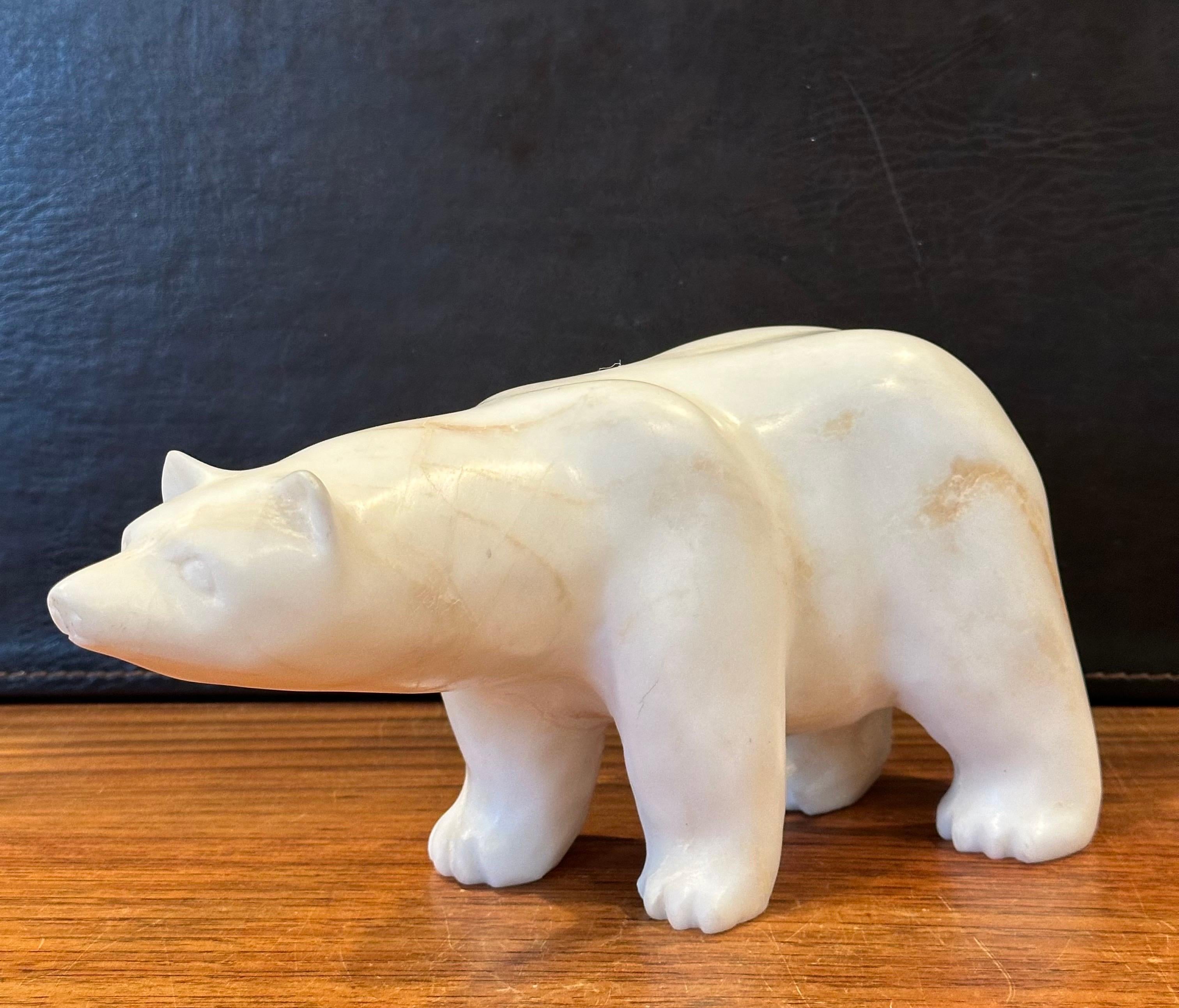 20th Century Hand Carved Solid Alabaster Polar Bear Sculpture