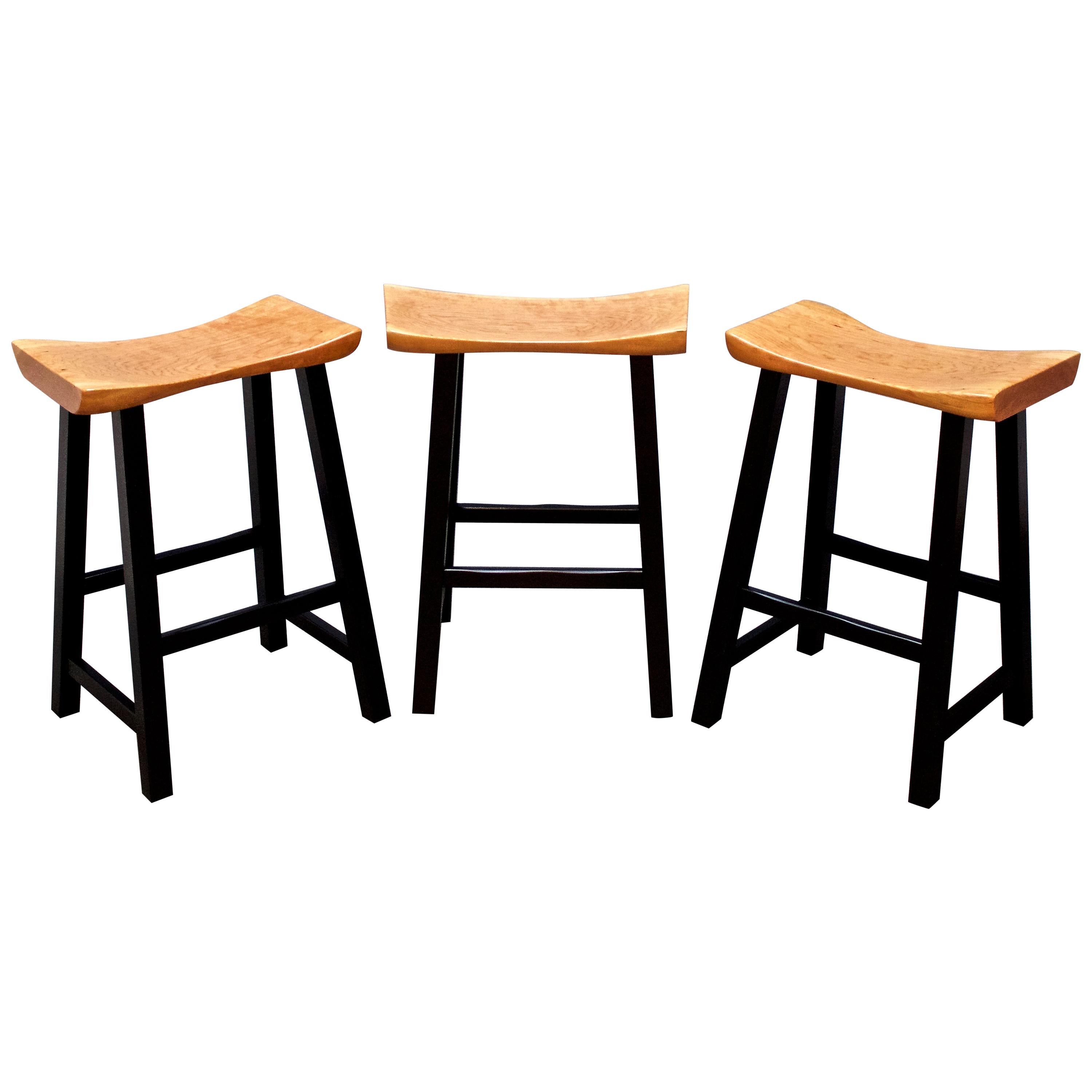 Hand Carved Solid Cherry Bar Stools with Blackened Base by Dave Lasker im Angebot