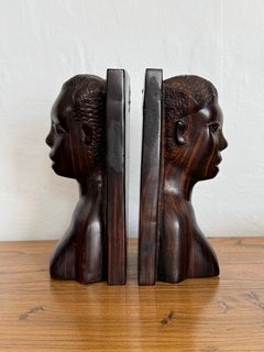 Hand-Carved Solid Ebony Sculptural Bust Bookends, African Modernist, Circa 1970s