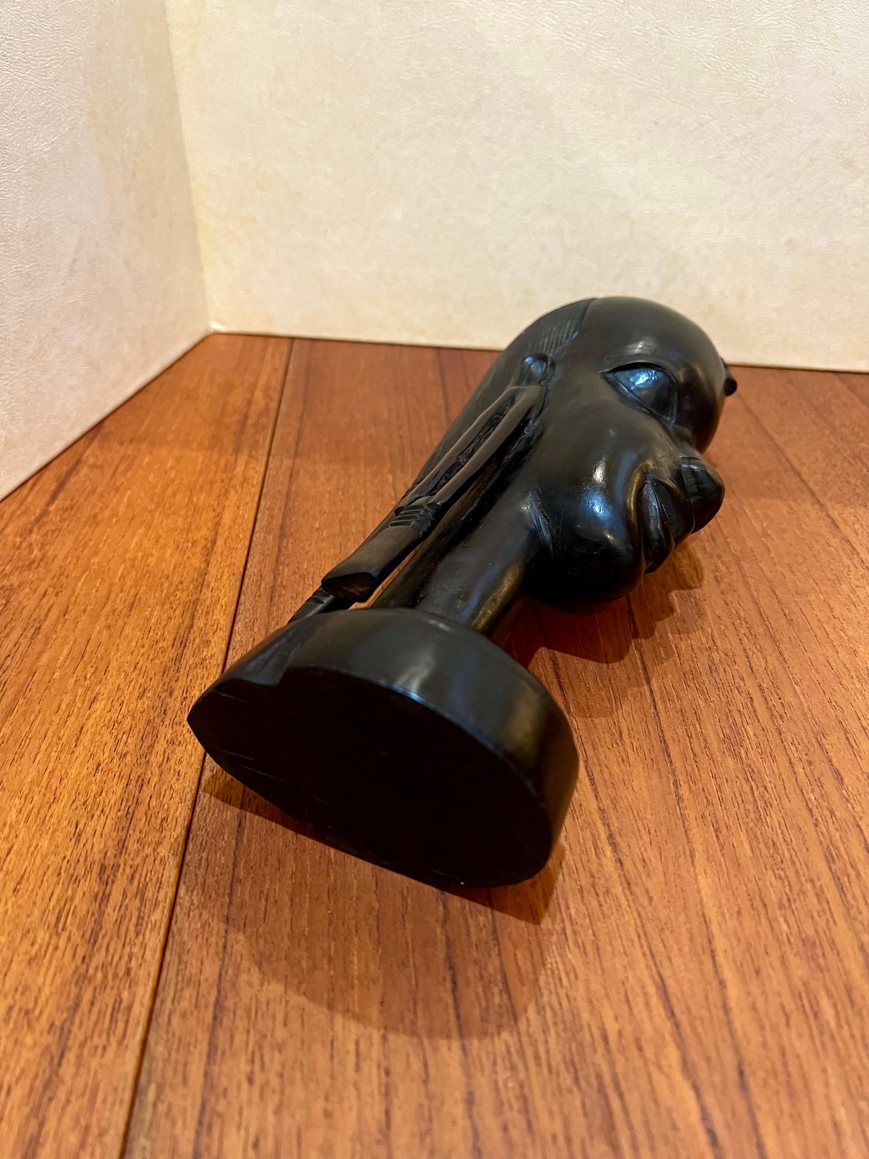 Hand Carved Solid Ebony wood African tribal Warrior Head Bust Sculpture In Good Condition For Sale In San Diego, CA