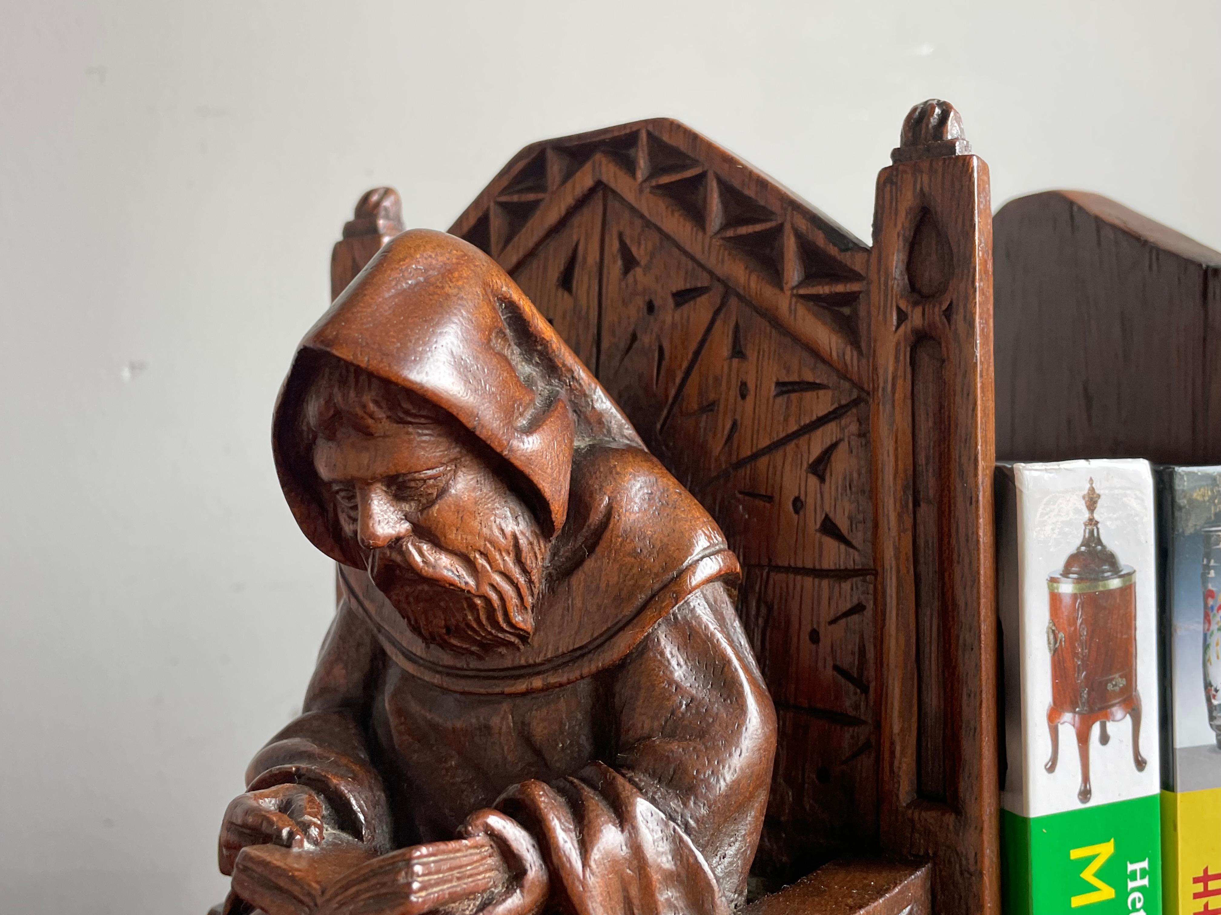 Hand Carved Solid Nutwood Gothic Revival Bible Reading Monk Chair Bookends WW2 9