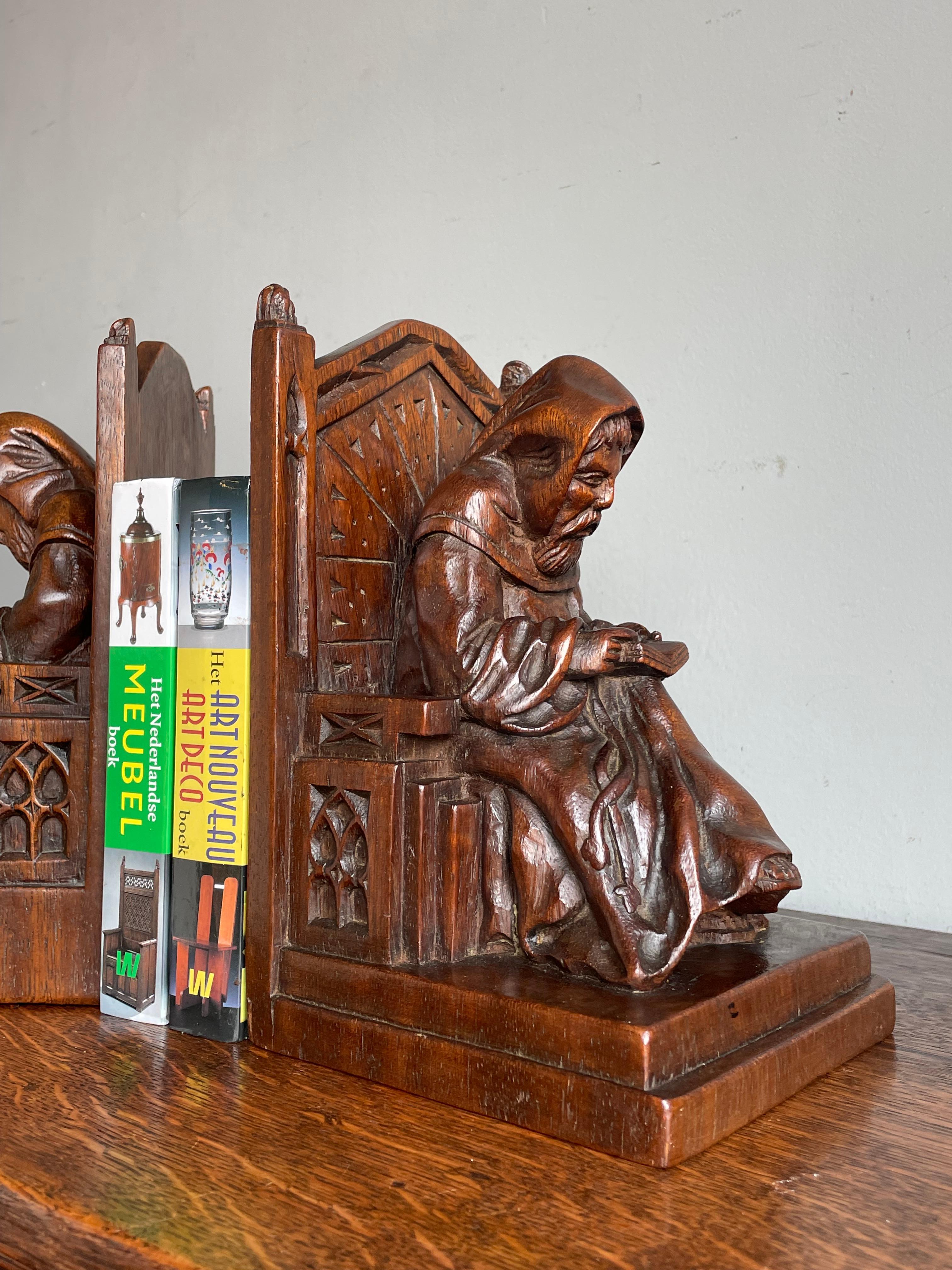 Hand Carved Solid Nutwood Gothic Revival Bible Reading Monk Chair Bookends WW2 10