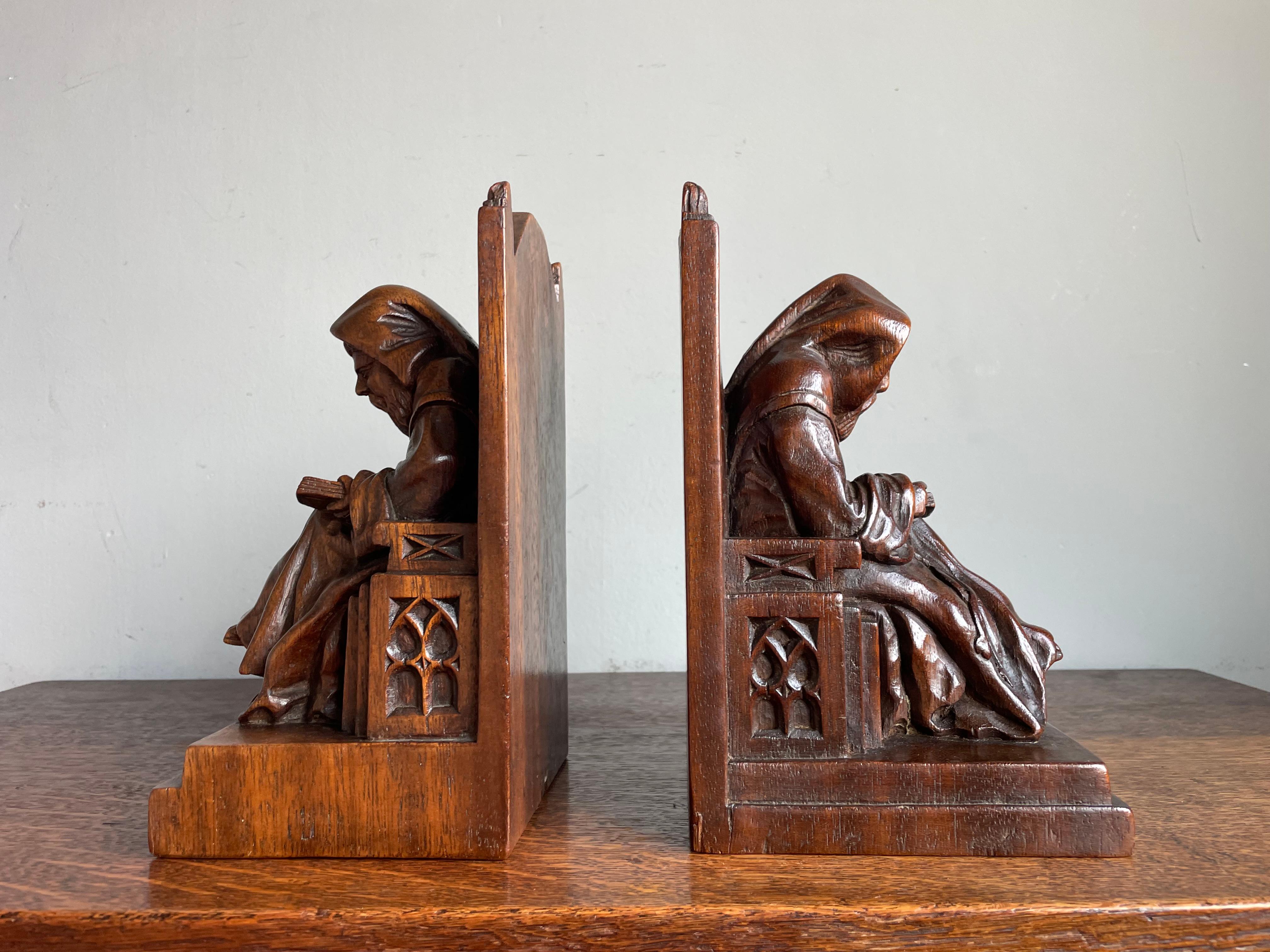 Hand-Carved Hand Carved Solid Nutwood Gothic Revival Bible Reading Monk Chair Bookends WW2