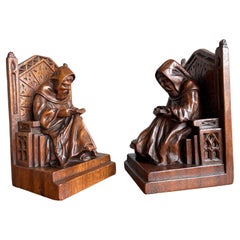 Hand Carved Solid Nutwood Gothic Revival Bible Reading Monk Chair Bookends WW2