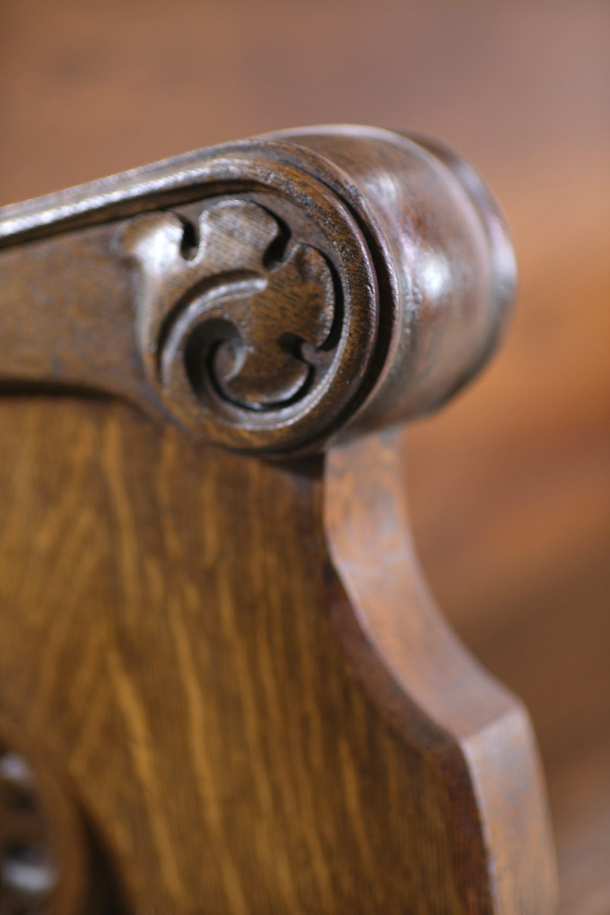 American Hand Carved Solid Oak Church Pew Quatrefoil Floral Details