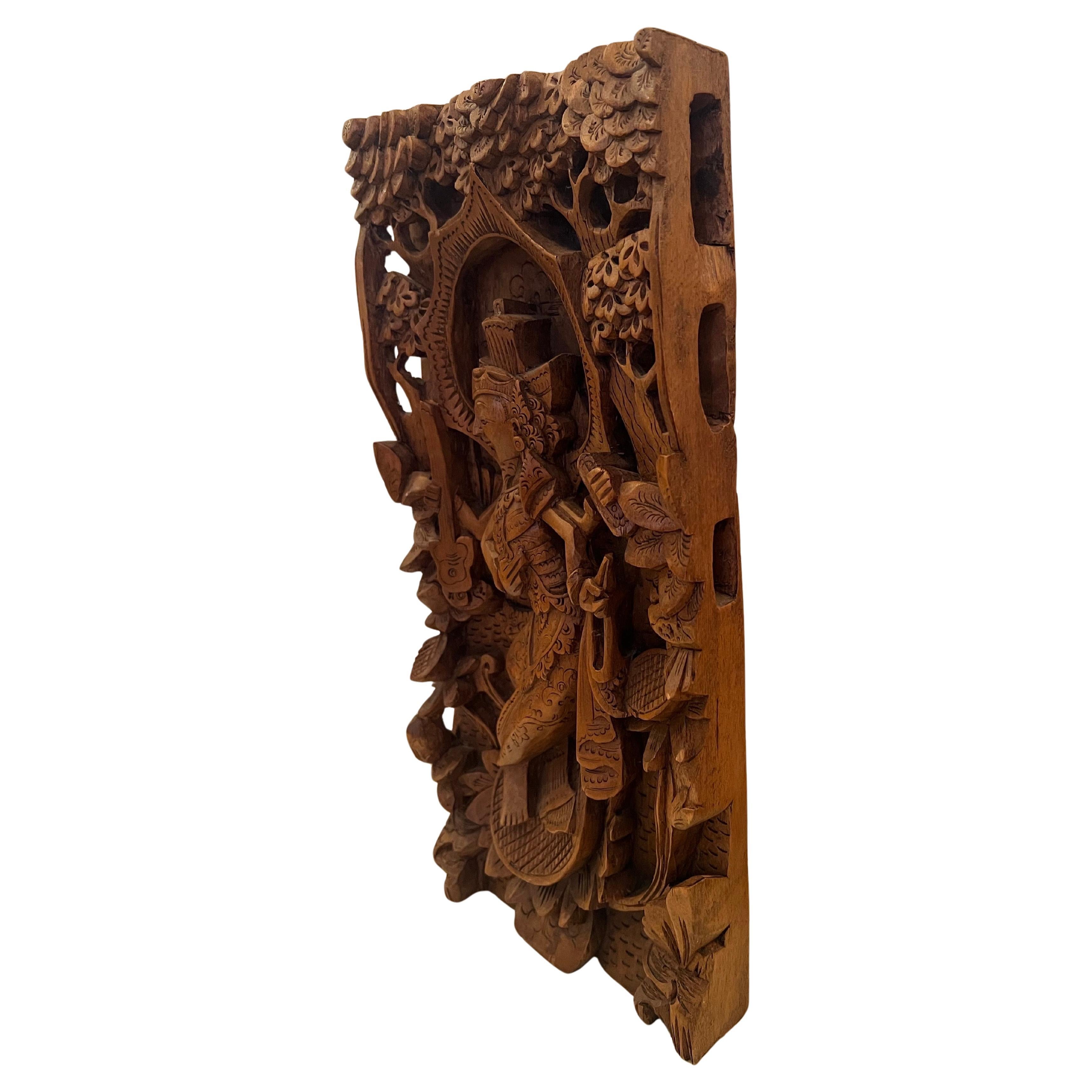 Hand carved Asian wall Sculptured panel in teak circa 1970s , beautiful work.