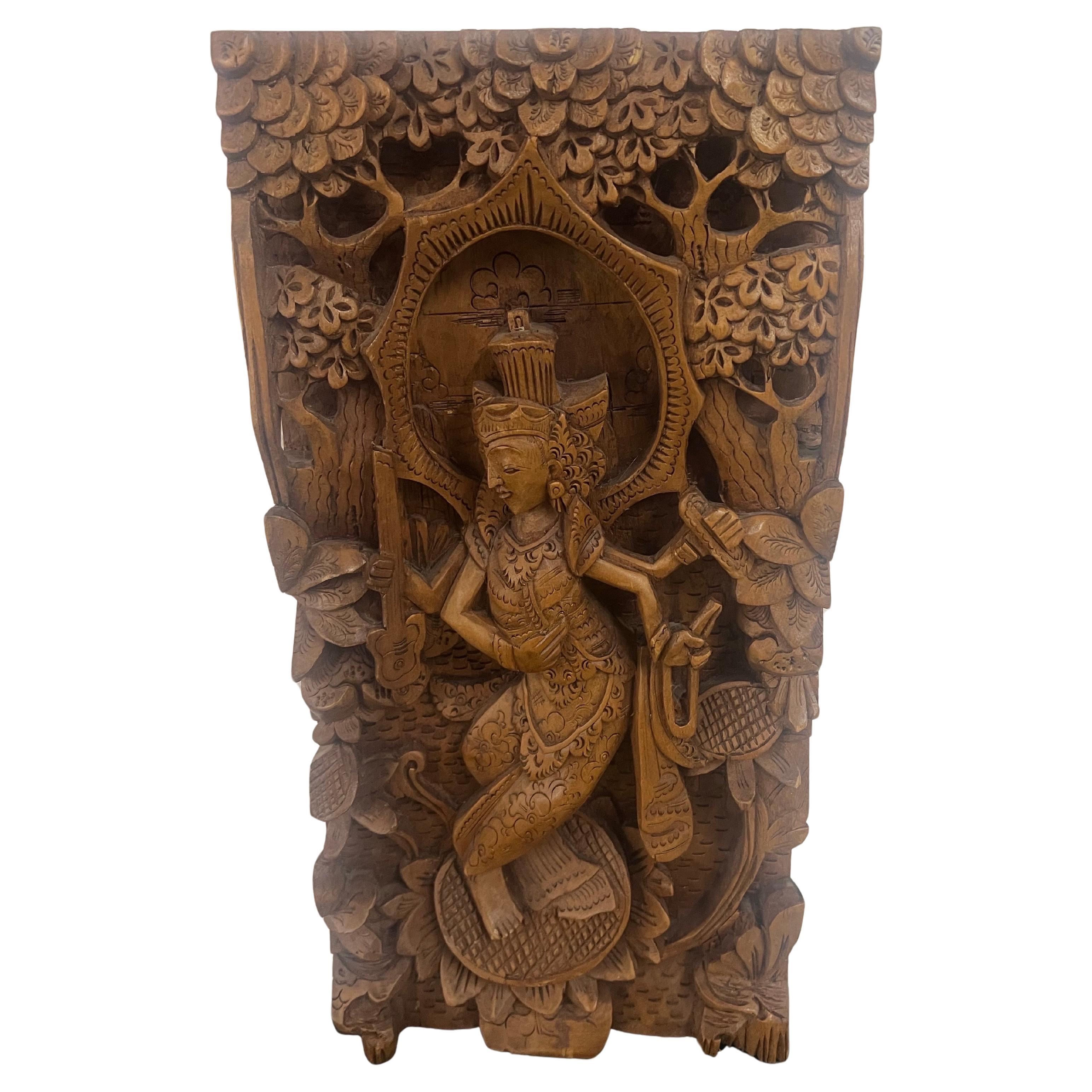 Tribal Hand Carved solid Teak Asian Wall Sculptured Panel For Sale