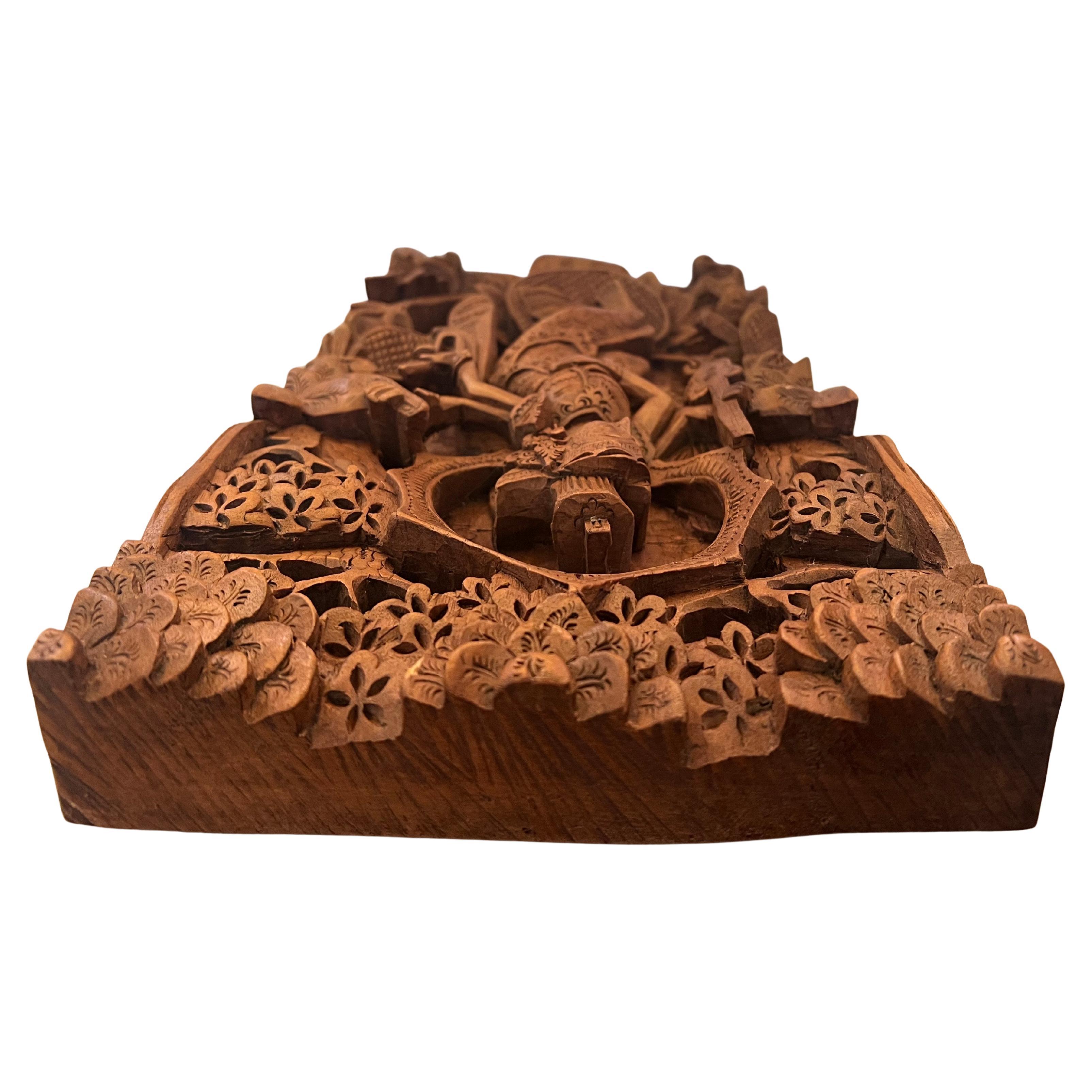Indonesian Hand Carved solid Teak Asian Wall Sculptured Panel For Sale