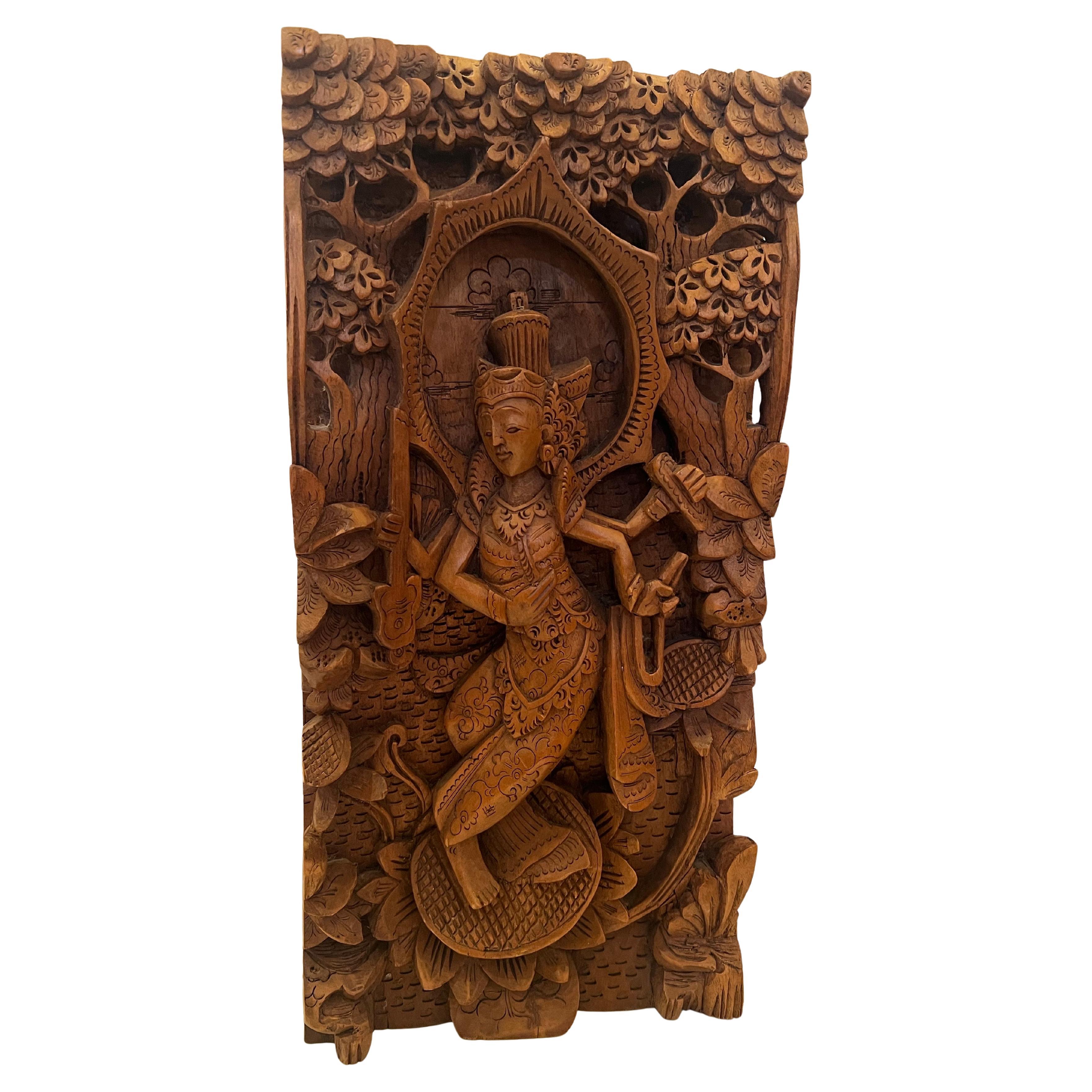 Hand Carved solid Teak Asian Wall Sculptured Panel In Excellent Condition For Sale In San Diego, CA