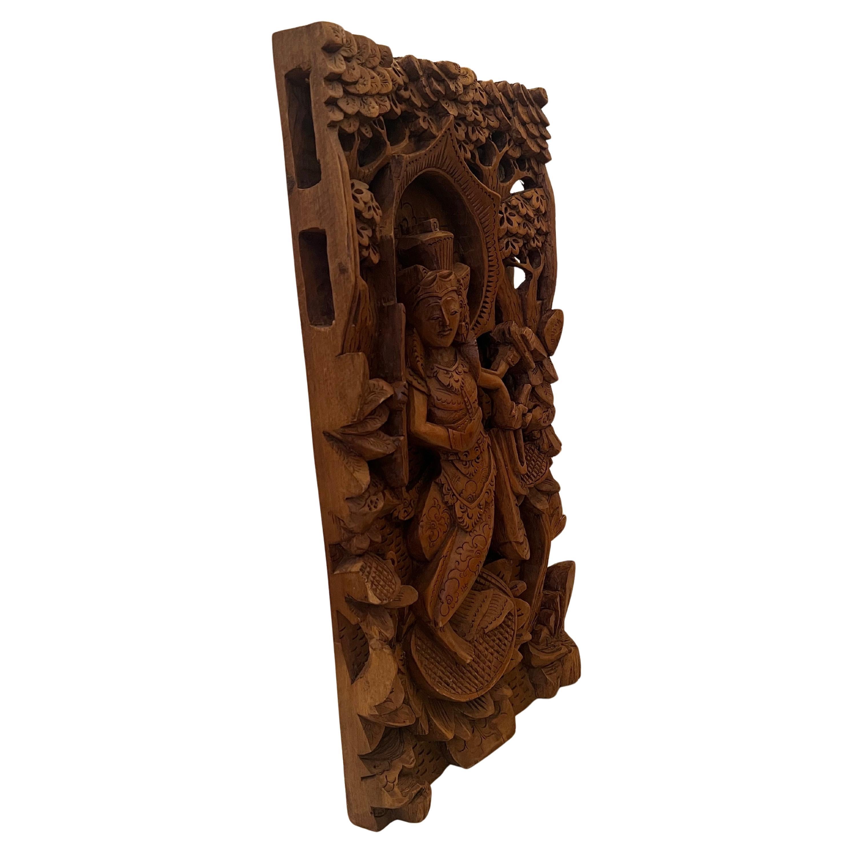 20th Century Hand Carved solid Teak Asian Wall Sculptured Panel For Sale
