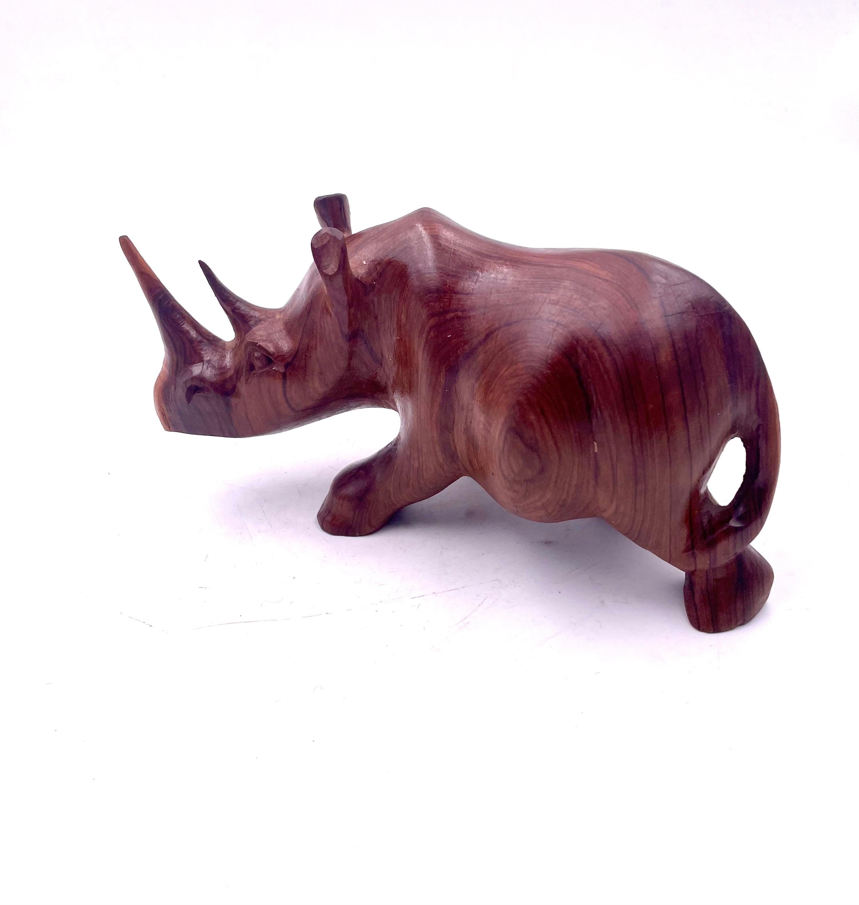 Mid-Century Modern Hand Carved Solid Walnut Rhino Sculpture
