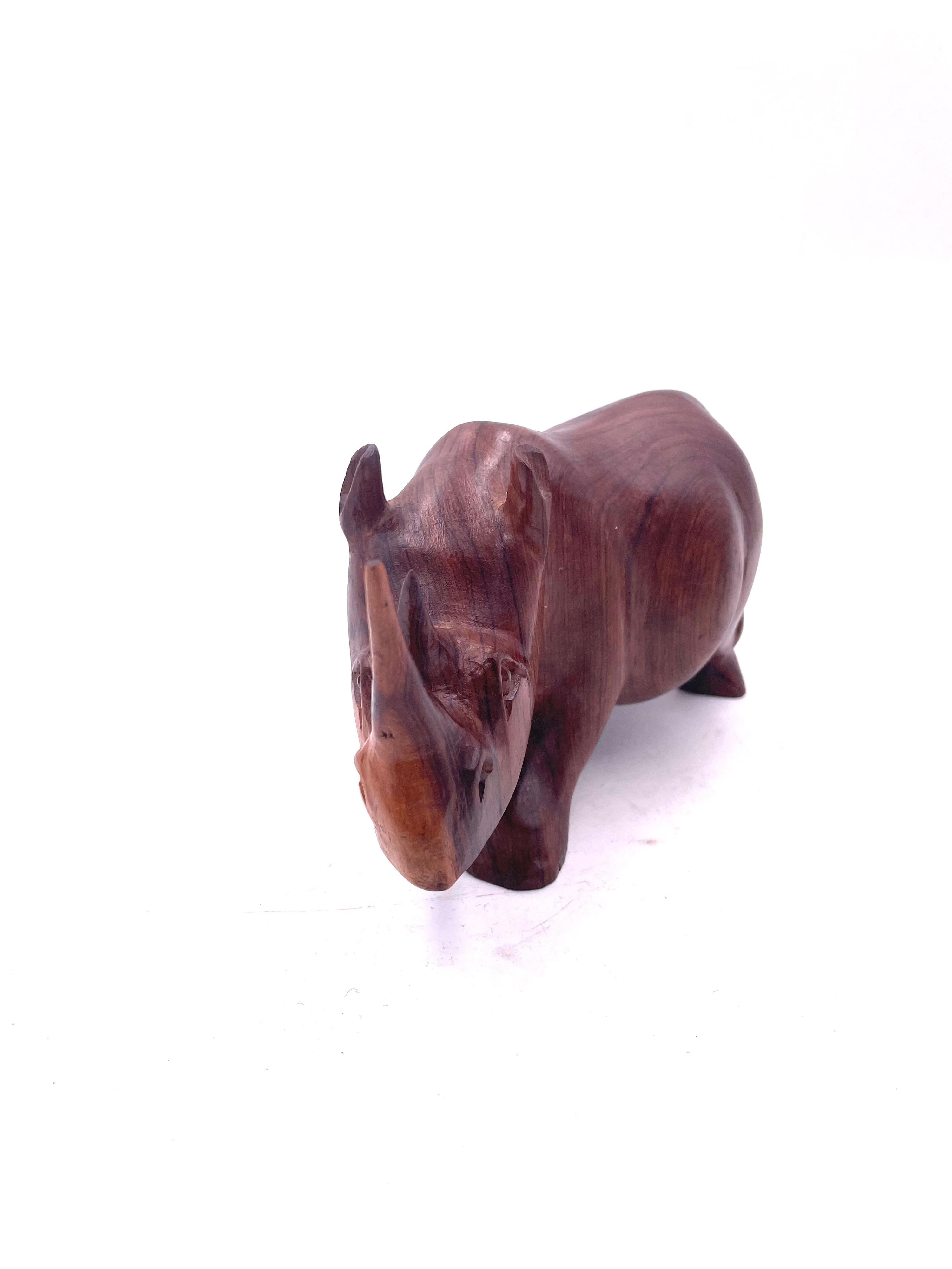 Hand-Carved Hand Carved Solid Walnut Rhino Sculpture