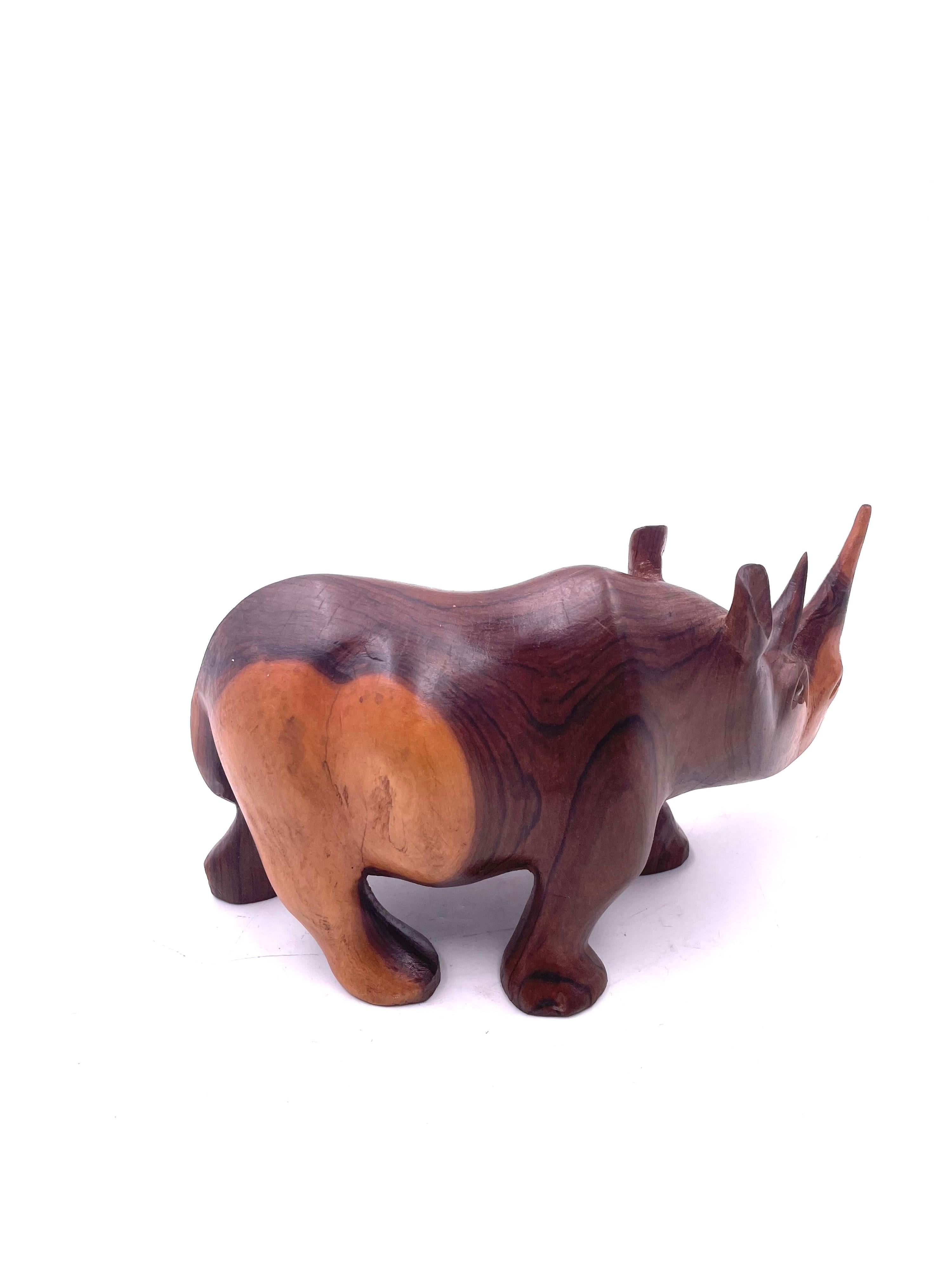 Hand Carved Solid Walnut Rhino Sculpture In Excellent Condition In San Diego, CA