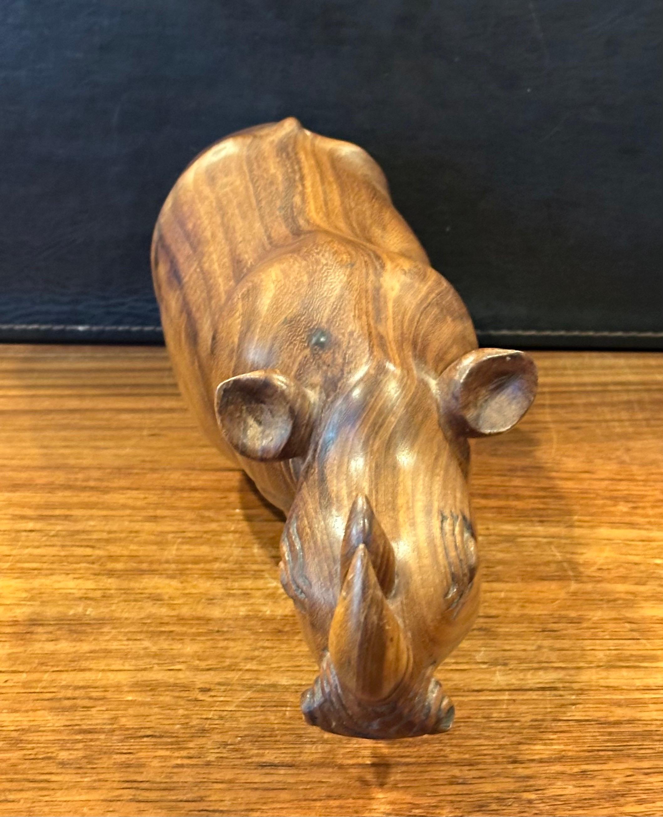 Hand Carved Solid Walnut White Rhino Sculpture For Sale 3