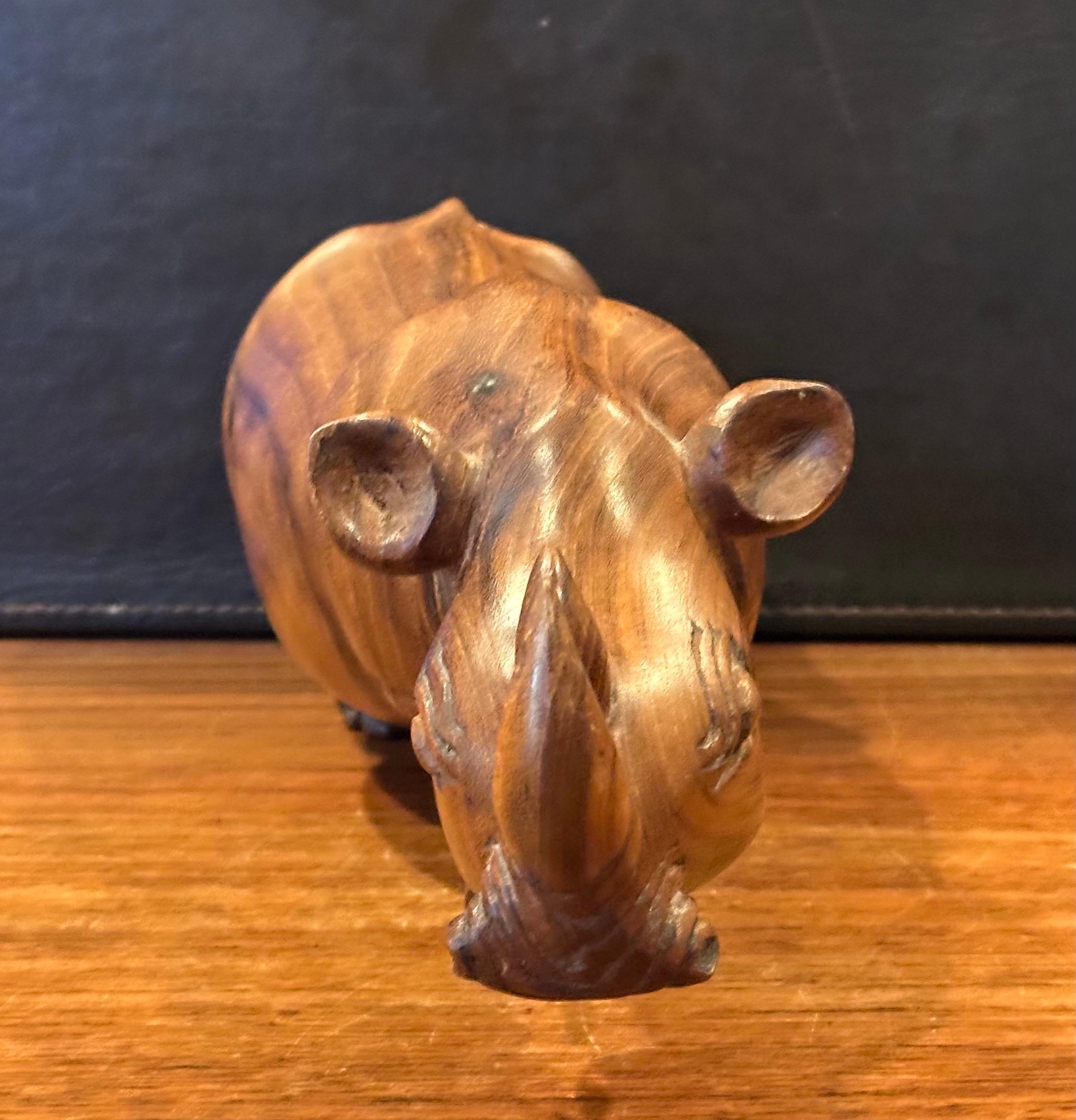 Hand Carved Solid Walnut White Rhino Sculpture For Sale 4
