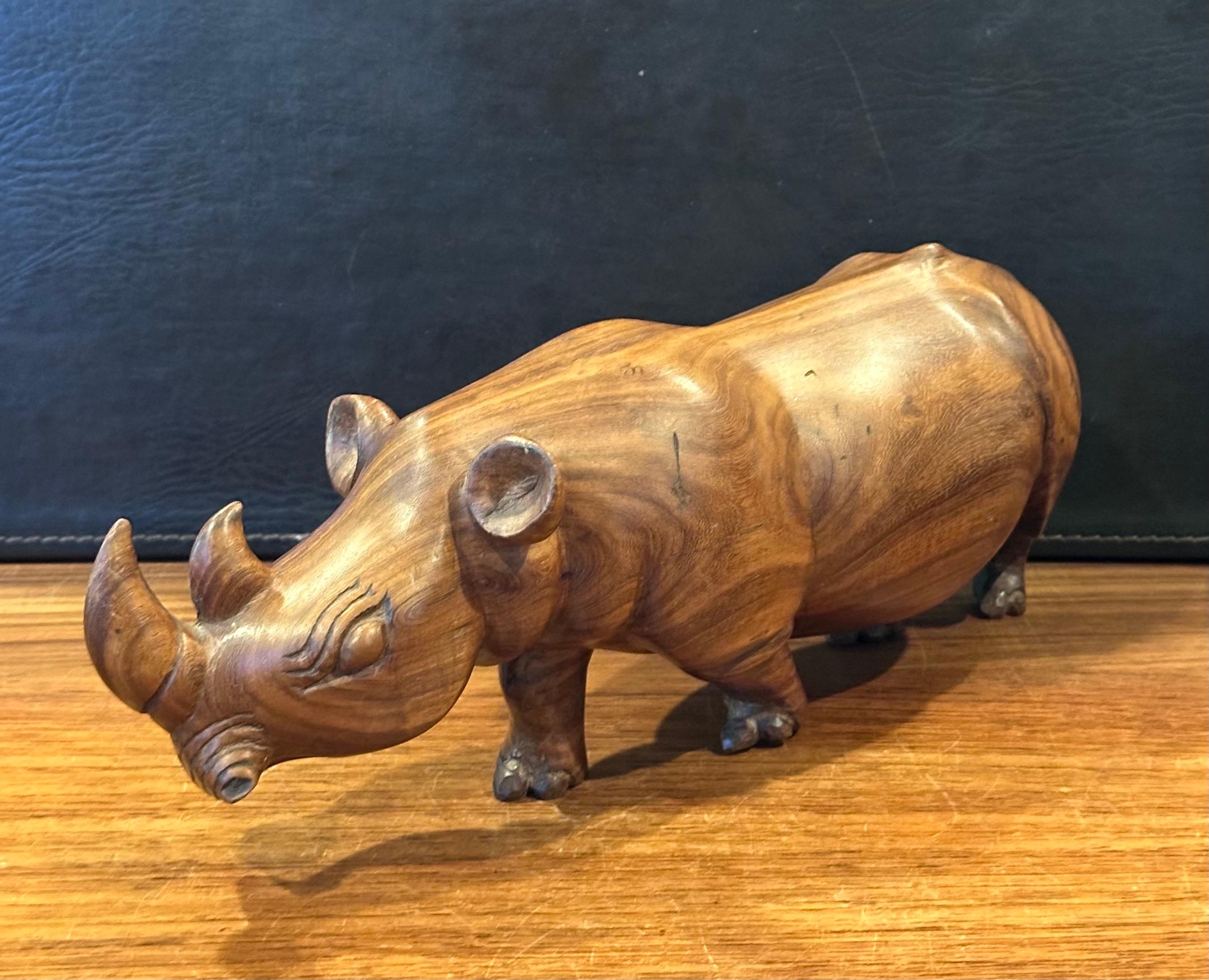 Hand Carved Solid Walnut White Rhino Sculpture For Sale 5