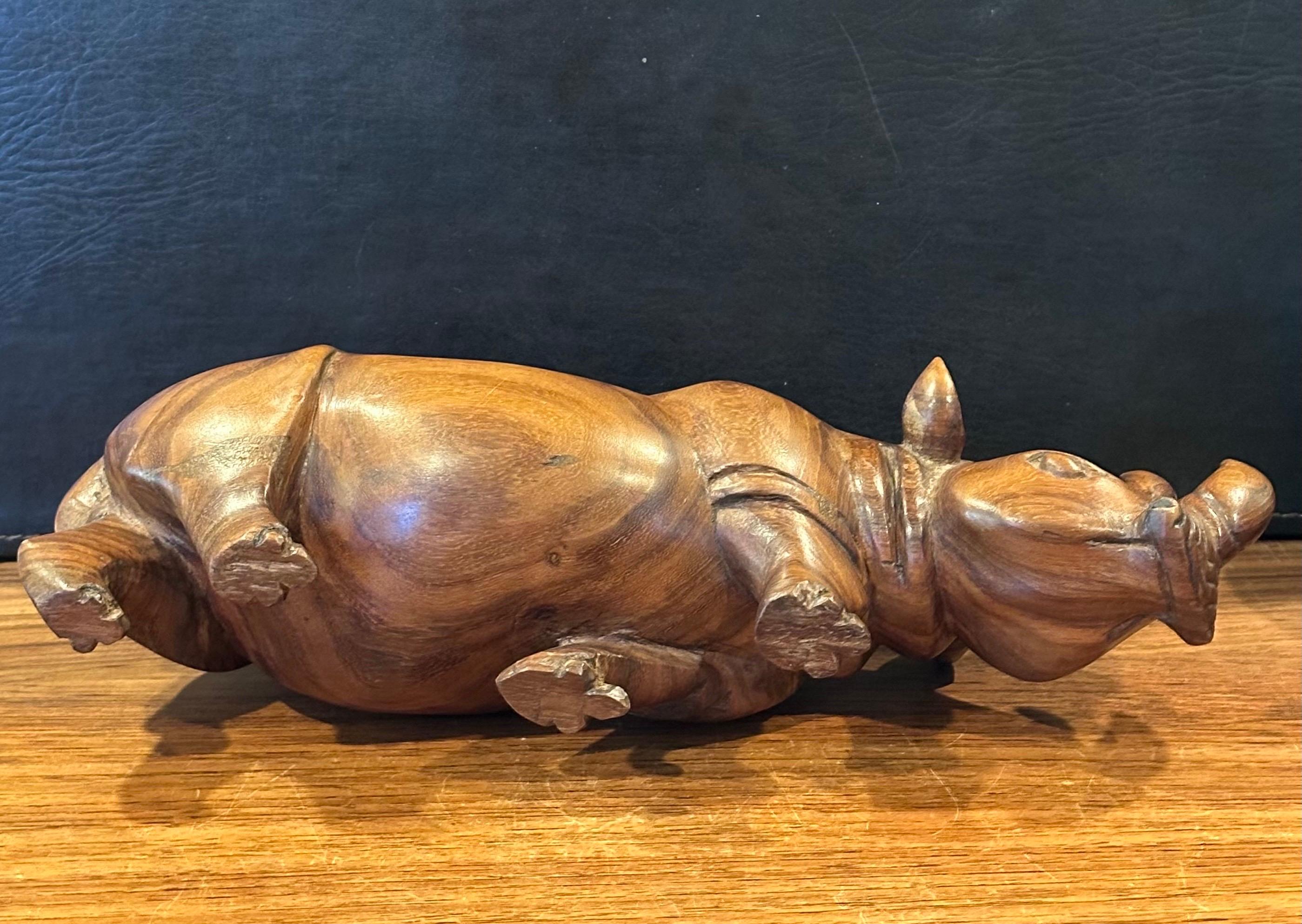 Hand Carved Solid Walnut White Rhino Sculpture For Sale 7