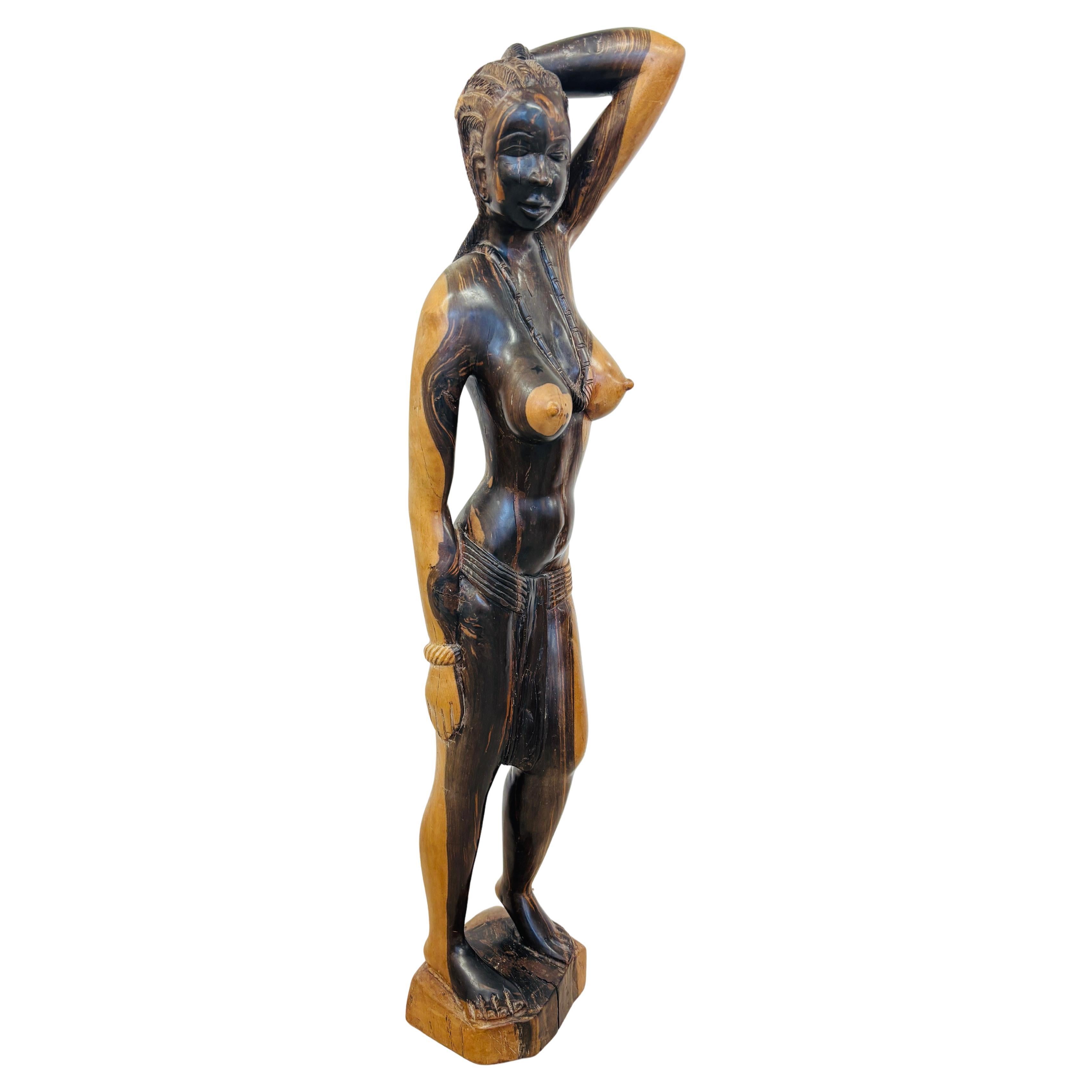 Scultura di figura femminile africana in legno massiccio intagliata a mano - 100 cm