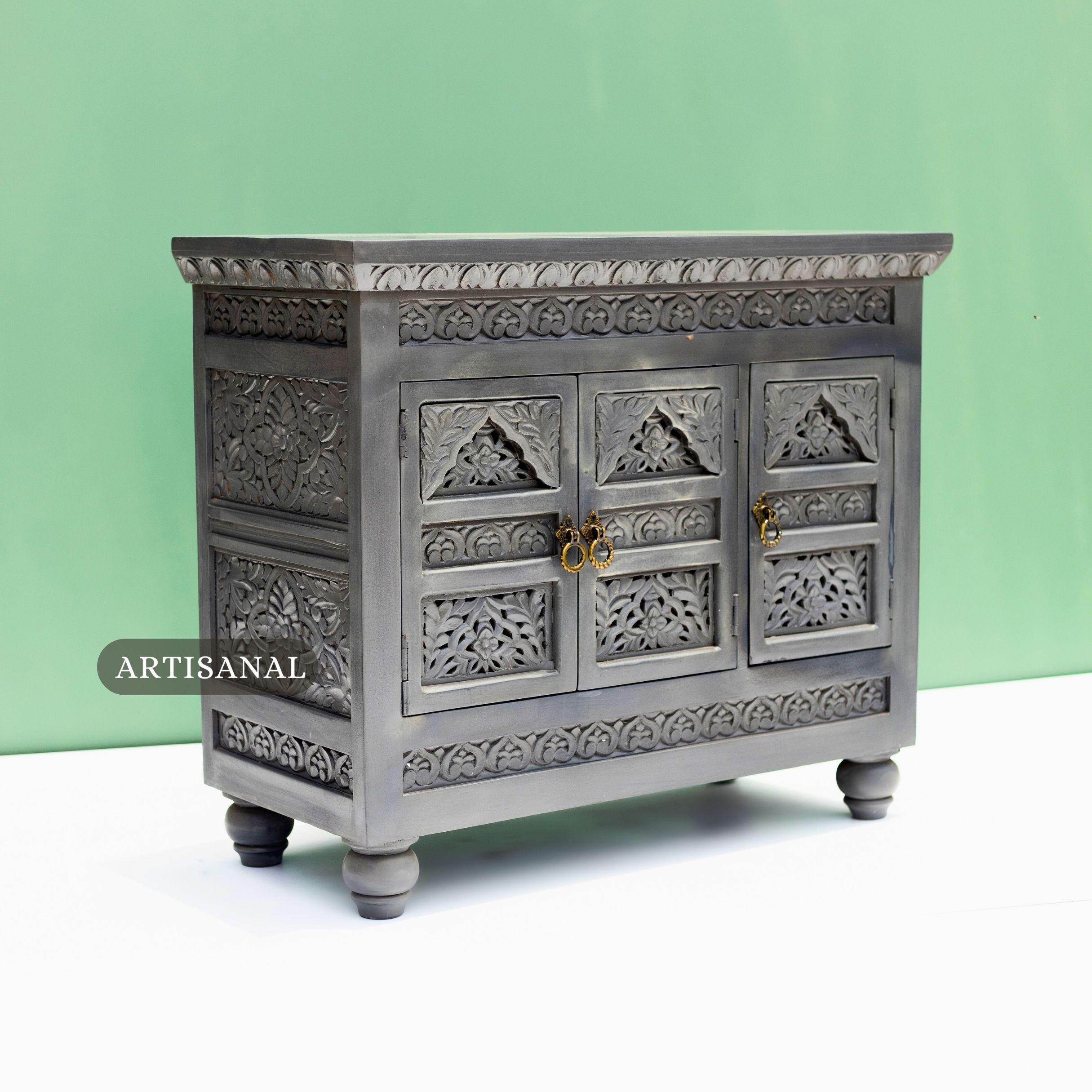 Indian Hand-Carved Solid Wood Cabinet with Floral Motifs by Artisanal For Sale