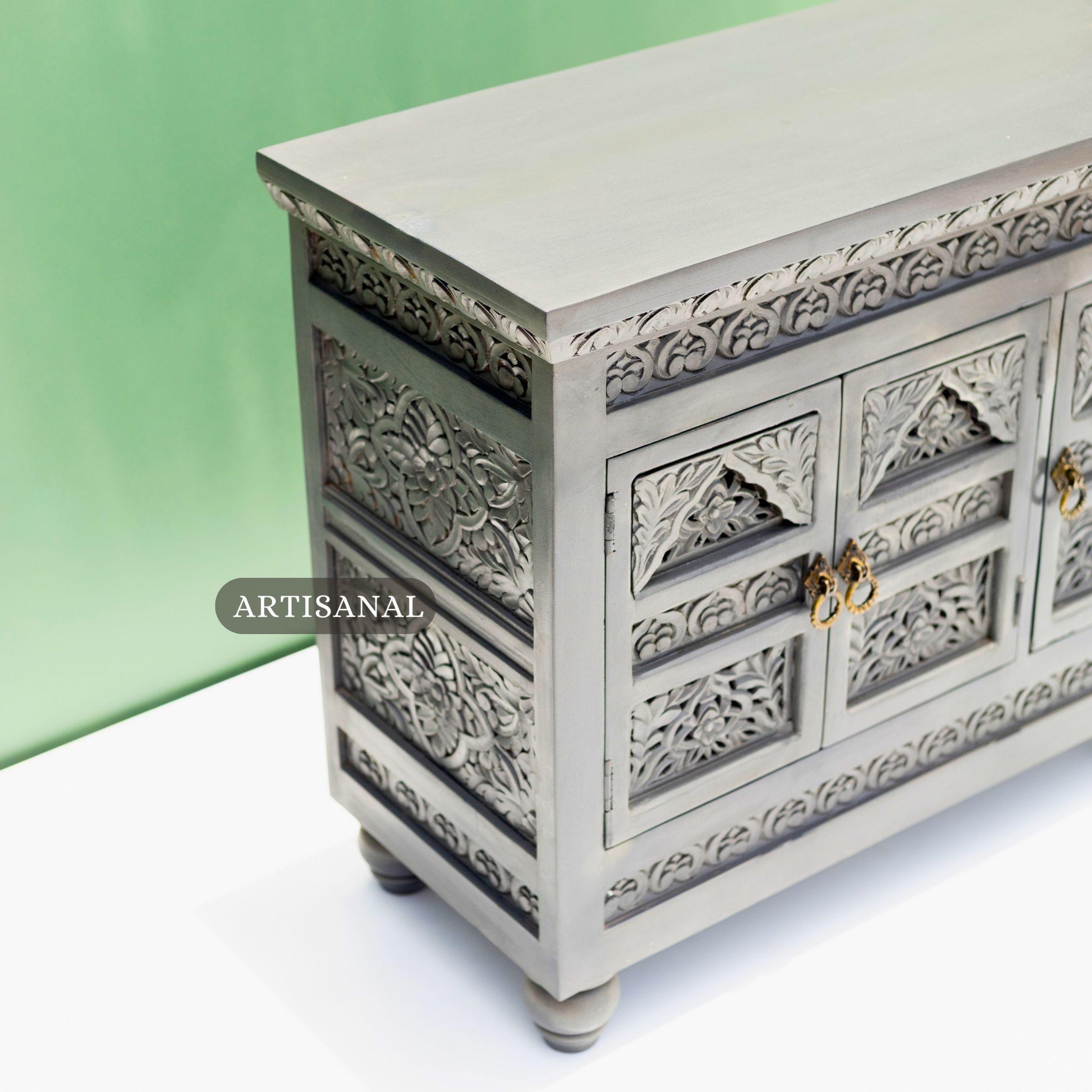 Hand-Carved Solid Wood Cabinet with Floral Motifs by Artisanal In New Condition For Sale In New York, NY