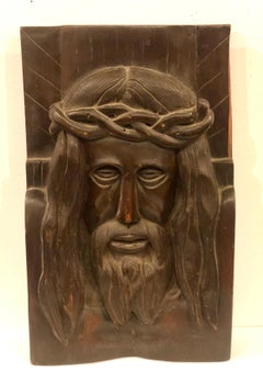 Hand Carved Solid Wood Jesus Christ Face Wall Relief Plaque Sculpture