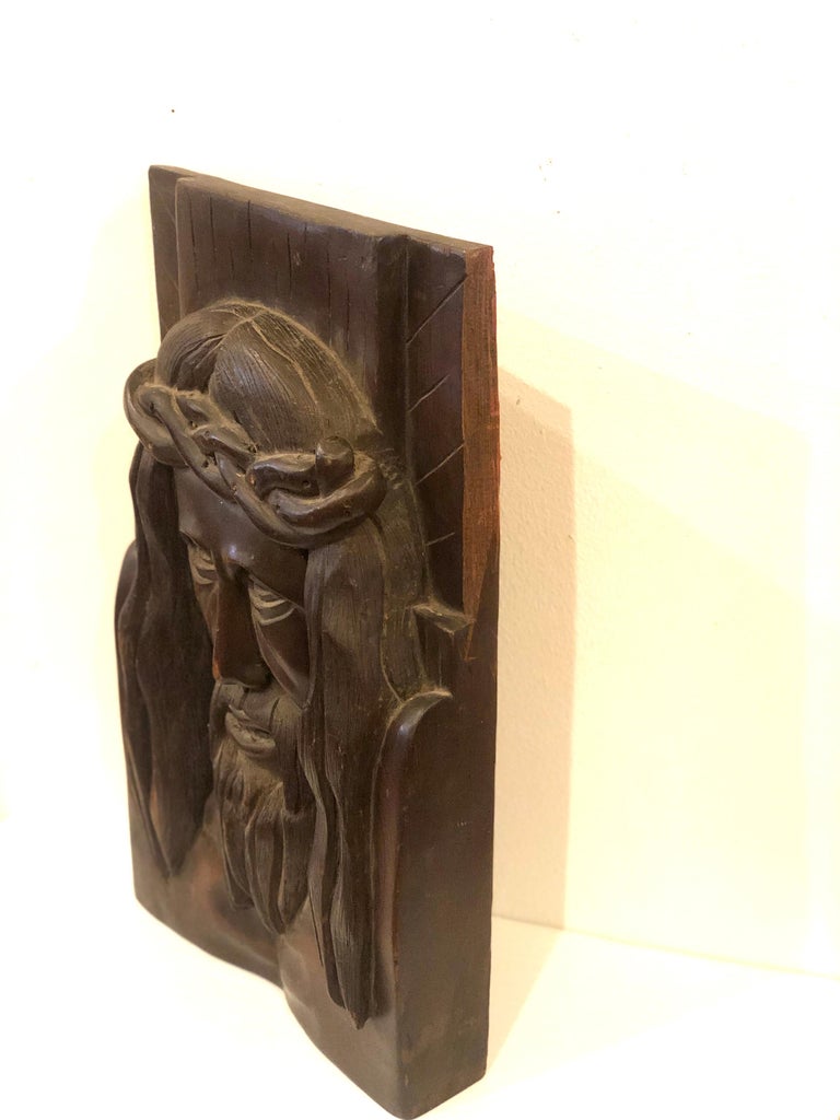 Hand Carved Solid Wood Jesus Christ Face Wall Relief Plaque Sculpture For Sale at 1stDibs