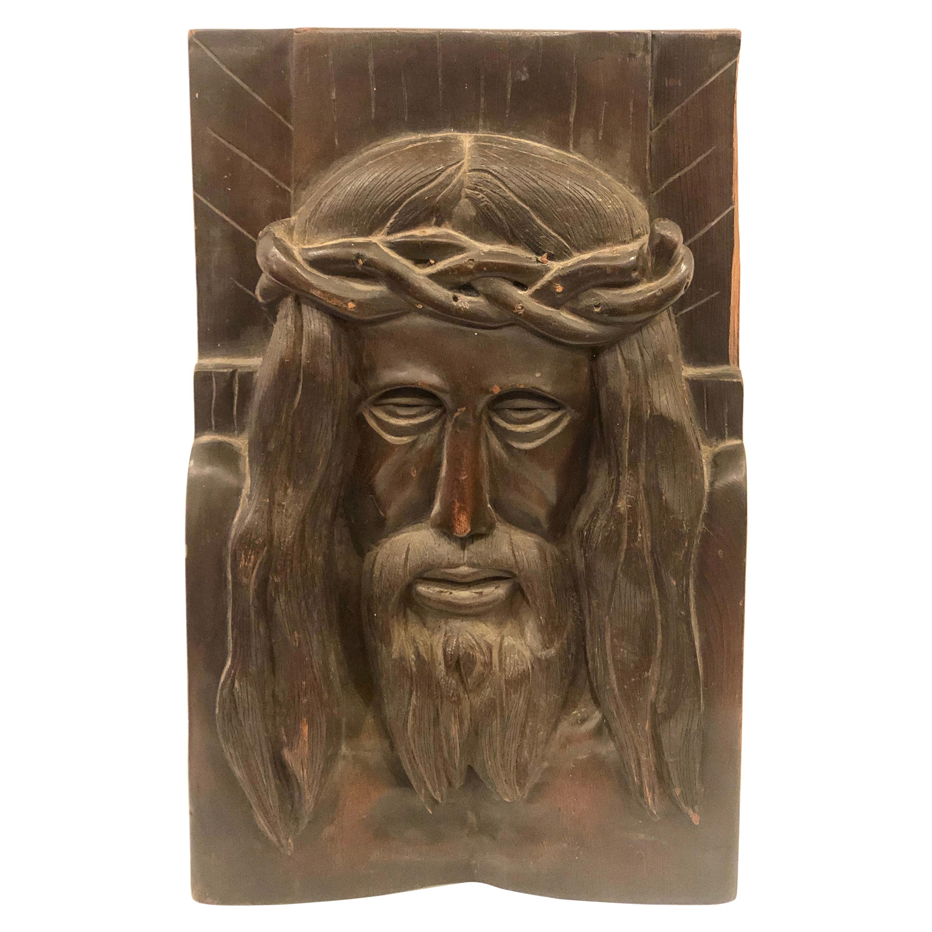 Hand Carved Solid Wood Jesus Christ Face Wall Relief Plaque Sculpture