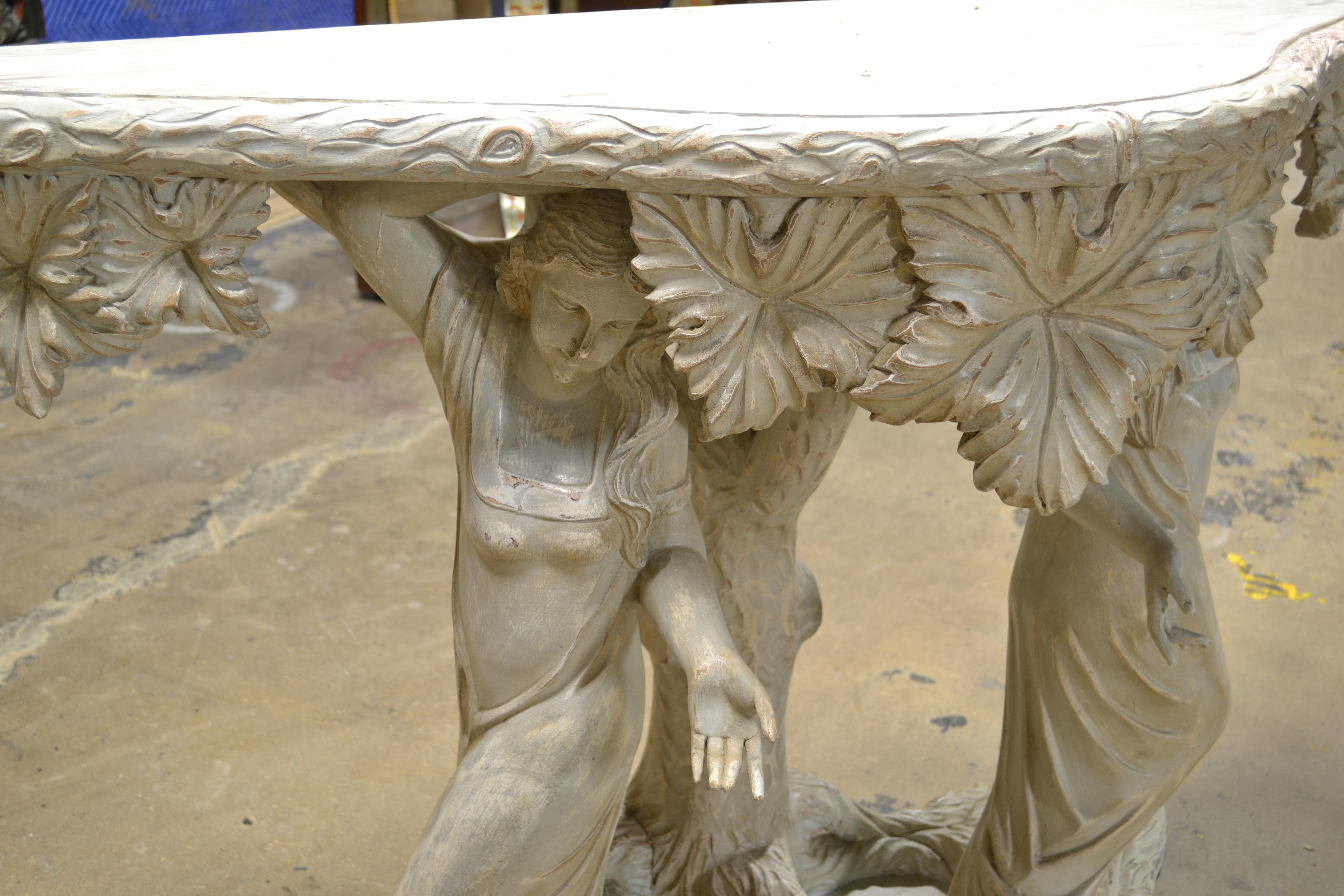 Hand-Carved Solid Wood Romantic Console In Good Condition In Chicago, IL