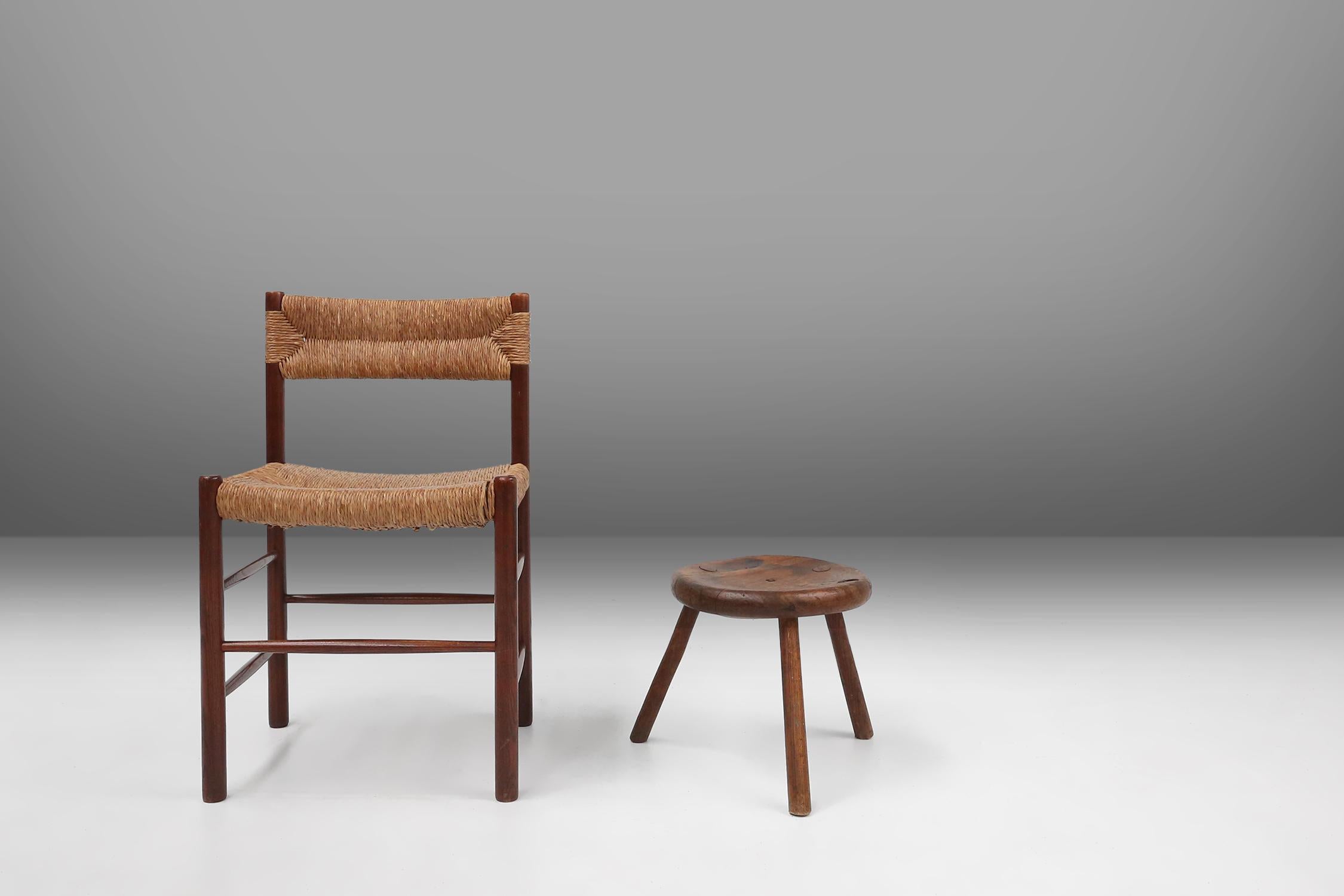 Mid-Century Modern Hand-carved solid wood tripod stool with beautiful patina, France ca. 1900 For Sale