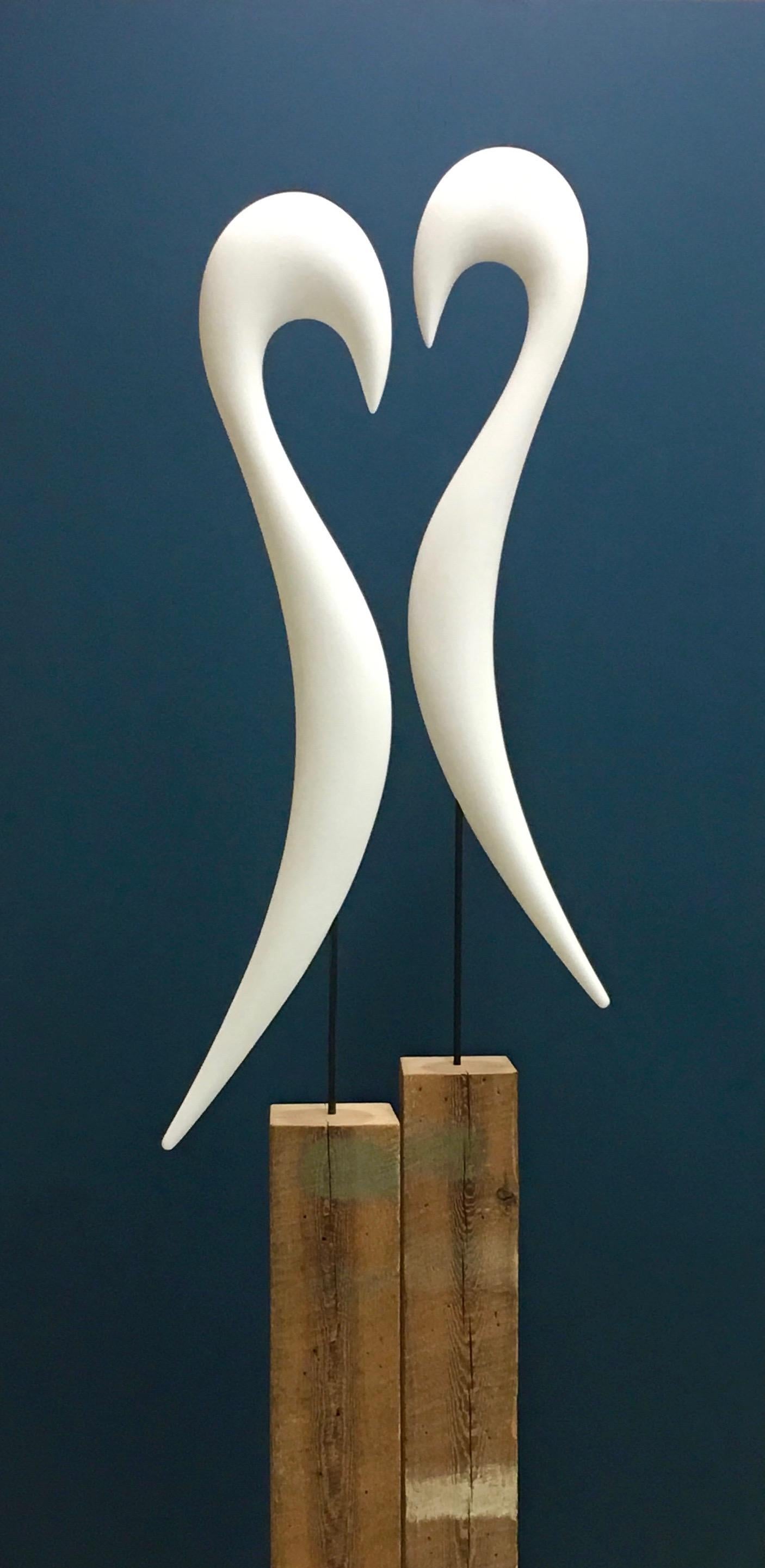 Contemporary Hand Carved Solid Wood Bird Sculptures White Opaque Gesso finish by Dave Lasker For Sale
