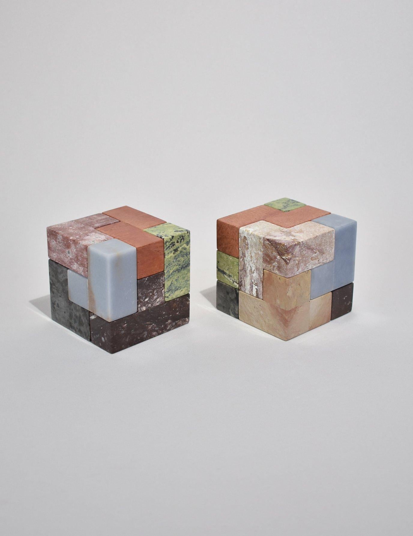Hand-Carved Soma Cube Puzzle Sculpture in Mix Stones In New Condition In Richmond, VA