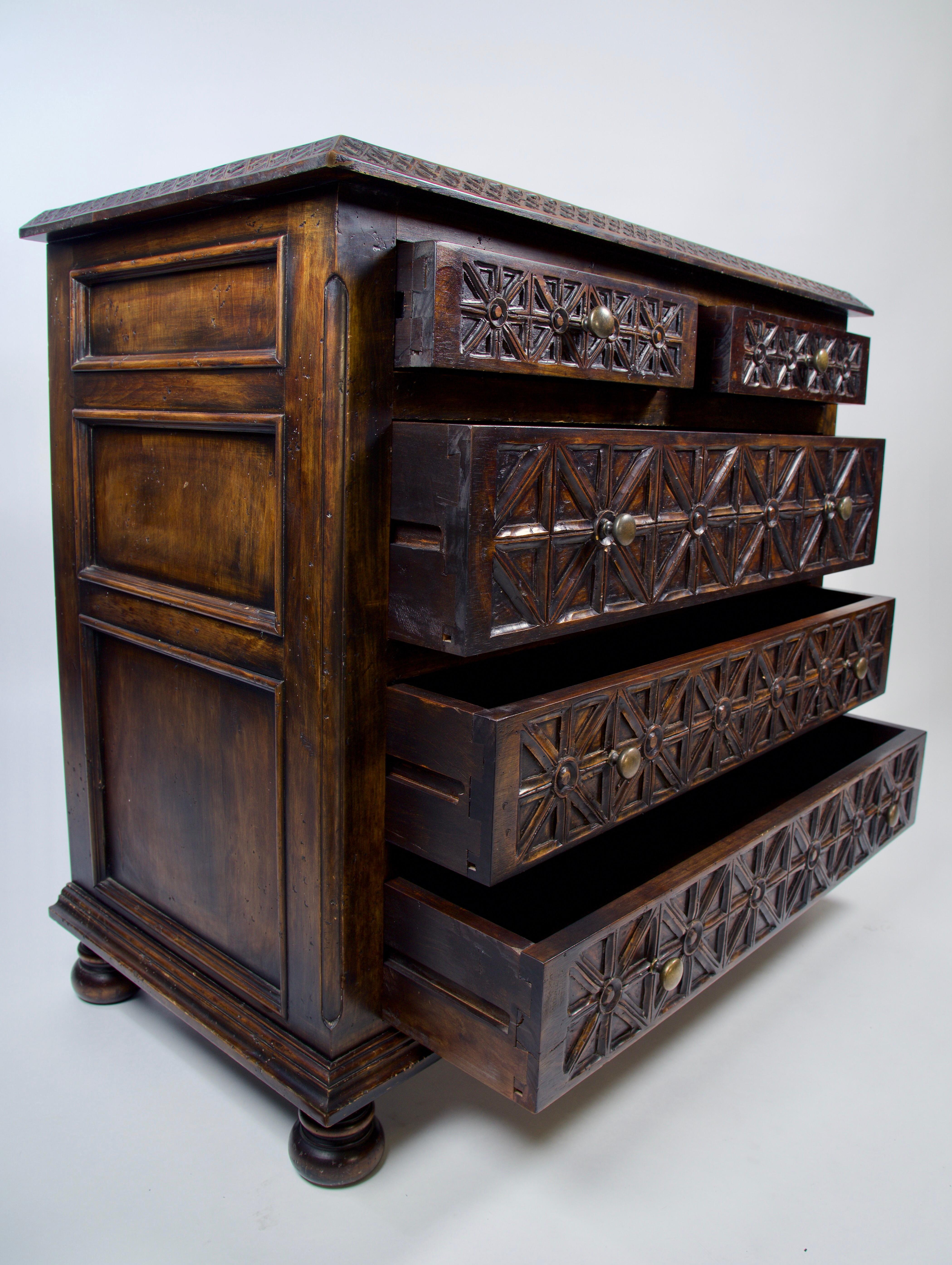 Hand Carved Spanish Colonial Style Five Drawer Chests of Drawers 2